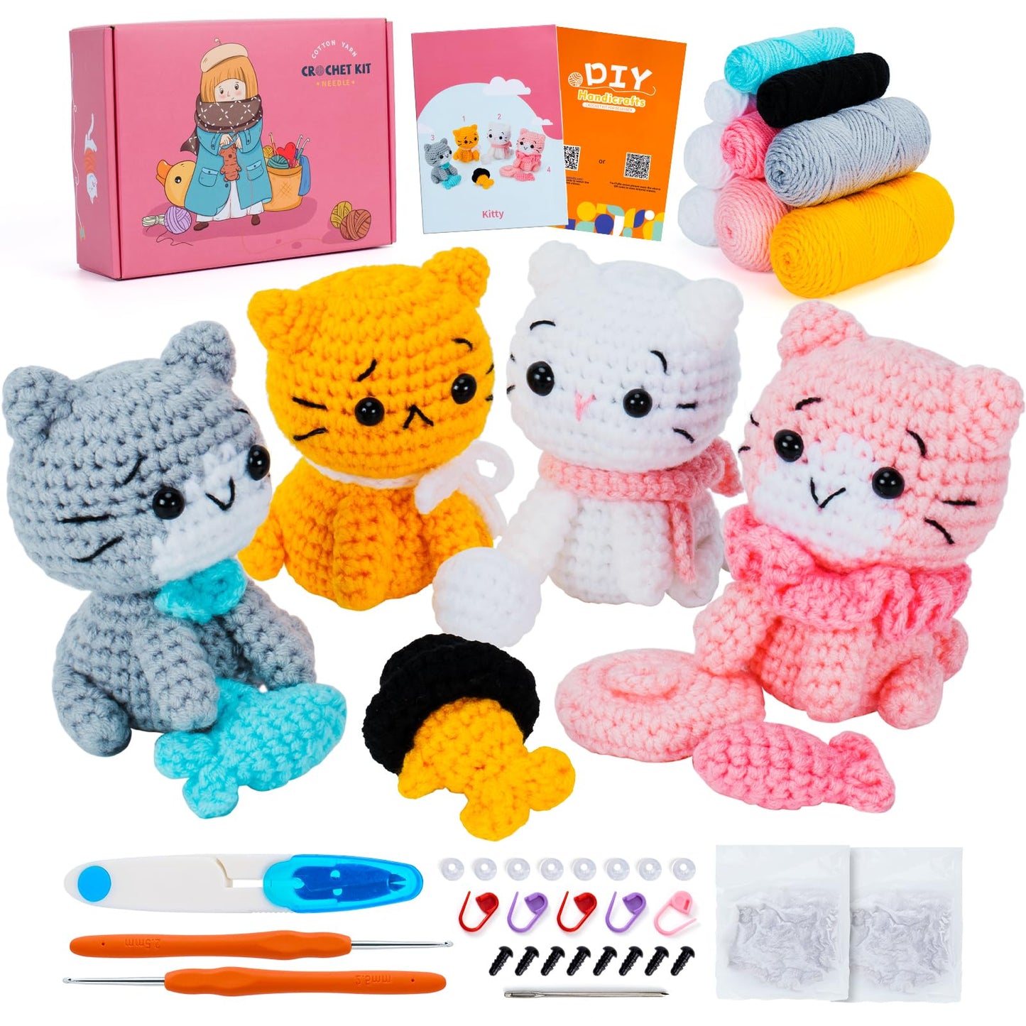 Crochet Kit for Beginners Cat Crochet Animal Kits Complete Animal Crochet with Step-by-Step Video Tutorials Crochet Knitting Kit Kitten Crocheted