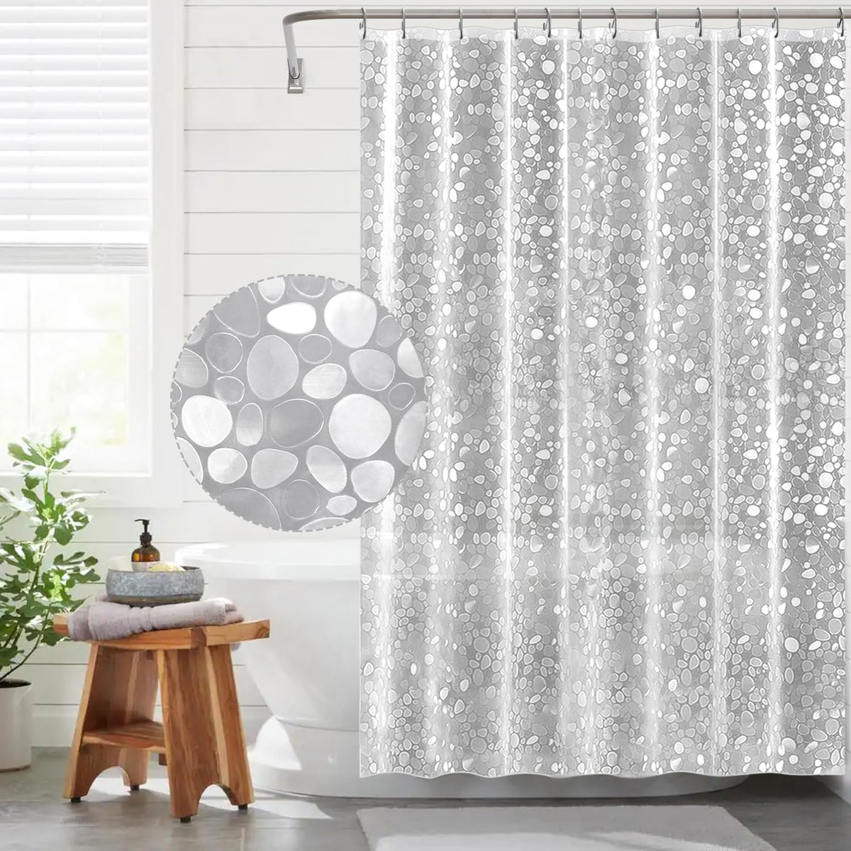 Funria EVA Shower Curtain Waterproof Bathroom Curtains with 12 Hooks for Wet Room Long Bath Curtains for Bathtubs and Shower Stall Translucent Shower