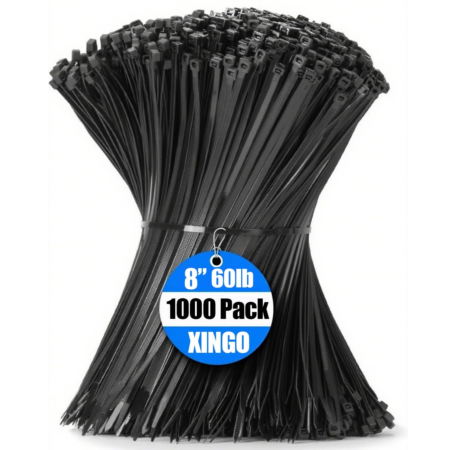 XINGO Black Cable Ties Pack of 1000, 200mm x 4.8mm, Premium Nylon Durable Zip Ties, Self-Locking UV Resistant Nylon Plastic Wire Ties for Indoor and