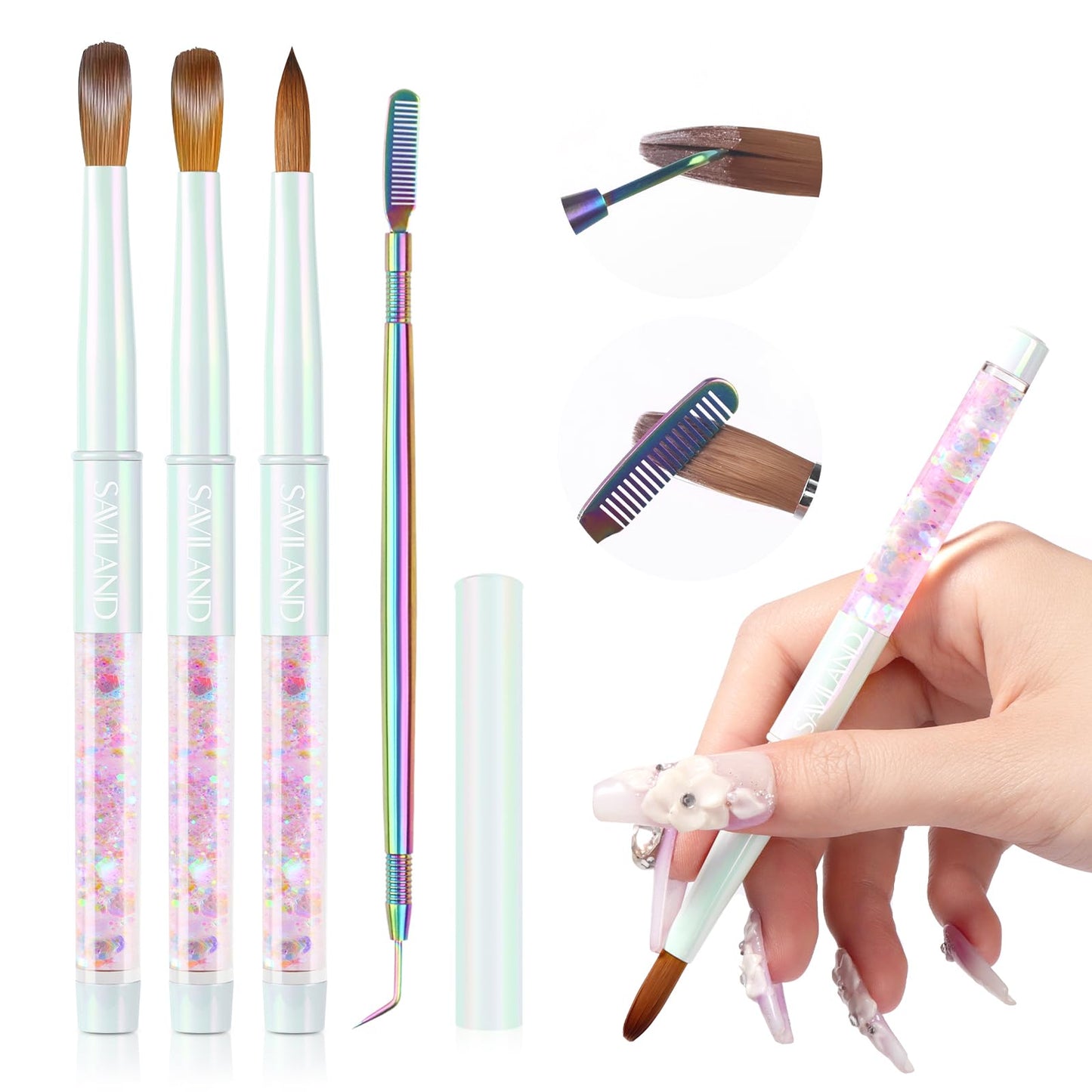 SAVILAND Kolinsky Acrylic Nail Brush Set: Size 6,10,14 Professional Nail Brushes with Cleaner Tool Acrylic Brush Auroras Gradient Handle for Acrylics