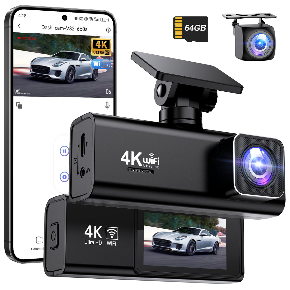 SAVUSCAM Dash Cam 4K + 1080P, WiFi Dash Cam Front and Rear, 64GB SD Card Included, Dual Car Camera Dashcam with Night Vision, WDR, 170? Wide Angle,