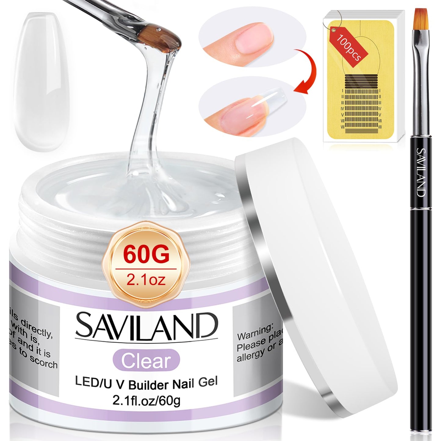 Saviland 60g Builder Gel Kit - Clear Extension Gel Set for Nail Strengthening and Art - Manicure Set with 100PCS Forms, False Nails, and Brush