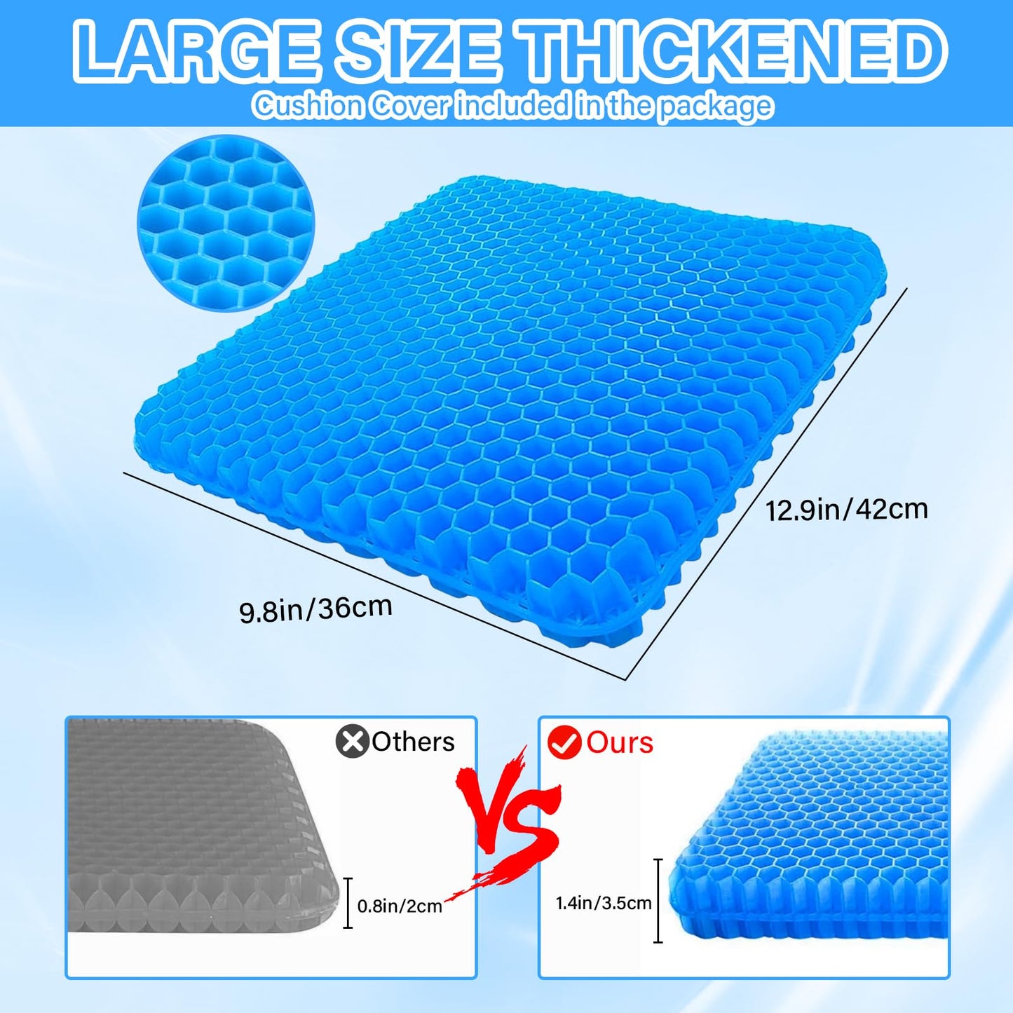 Gel Seat Cushion,Soft Sitter Honeycomb Ergonomic Cushion Cool Gel Cushion Large Double Thick Gel Cushion with Cloth Cover Pressure Pain Relief