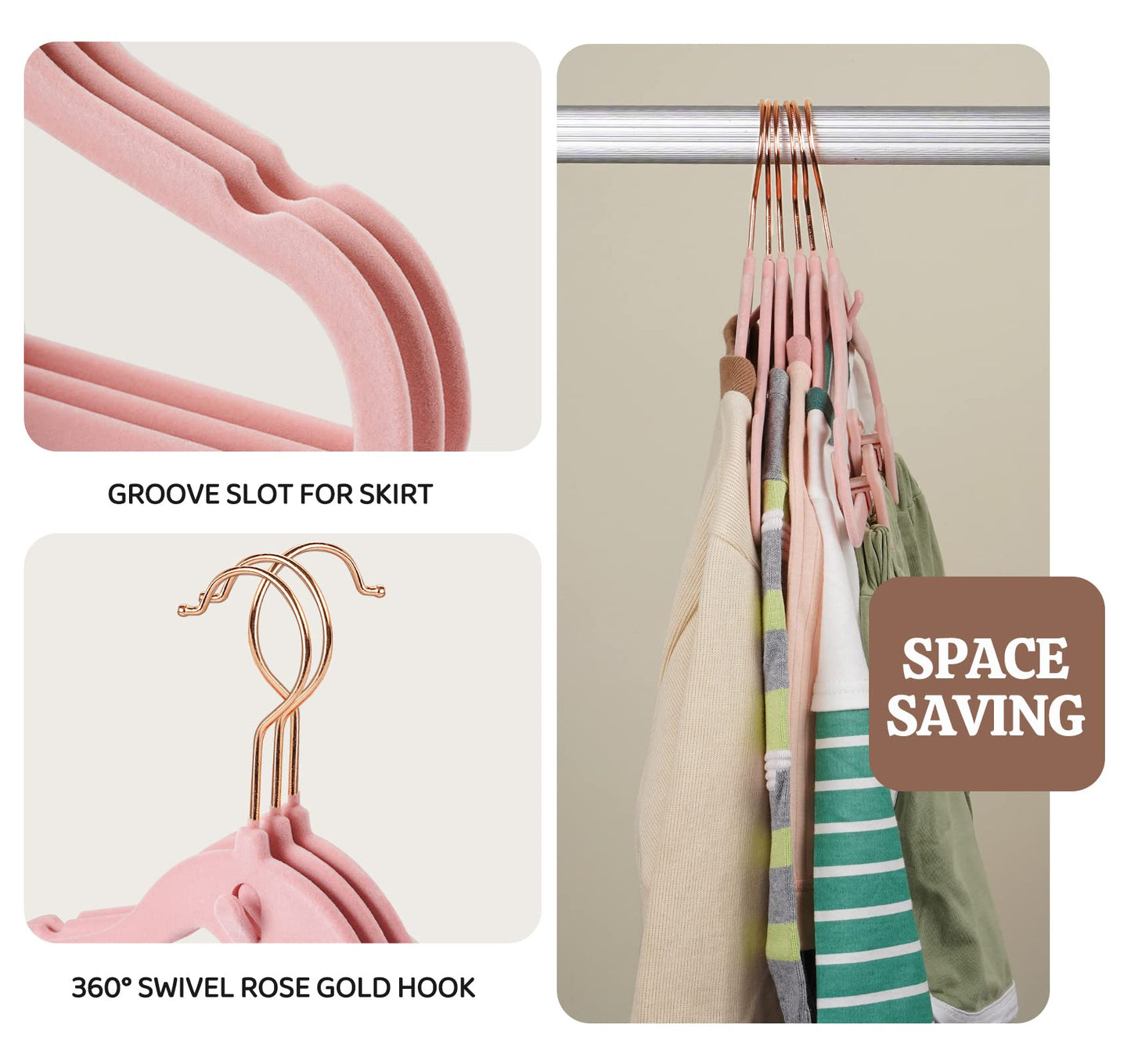 HOUISM Baby Clothes Velvet Hangers 30 Pack with 20 Finger Clips, Slim Space Saving Notched Shoulder, 360° Swivel Hook for Nursery & Kids Wardrobe
