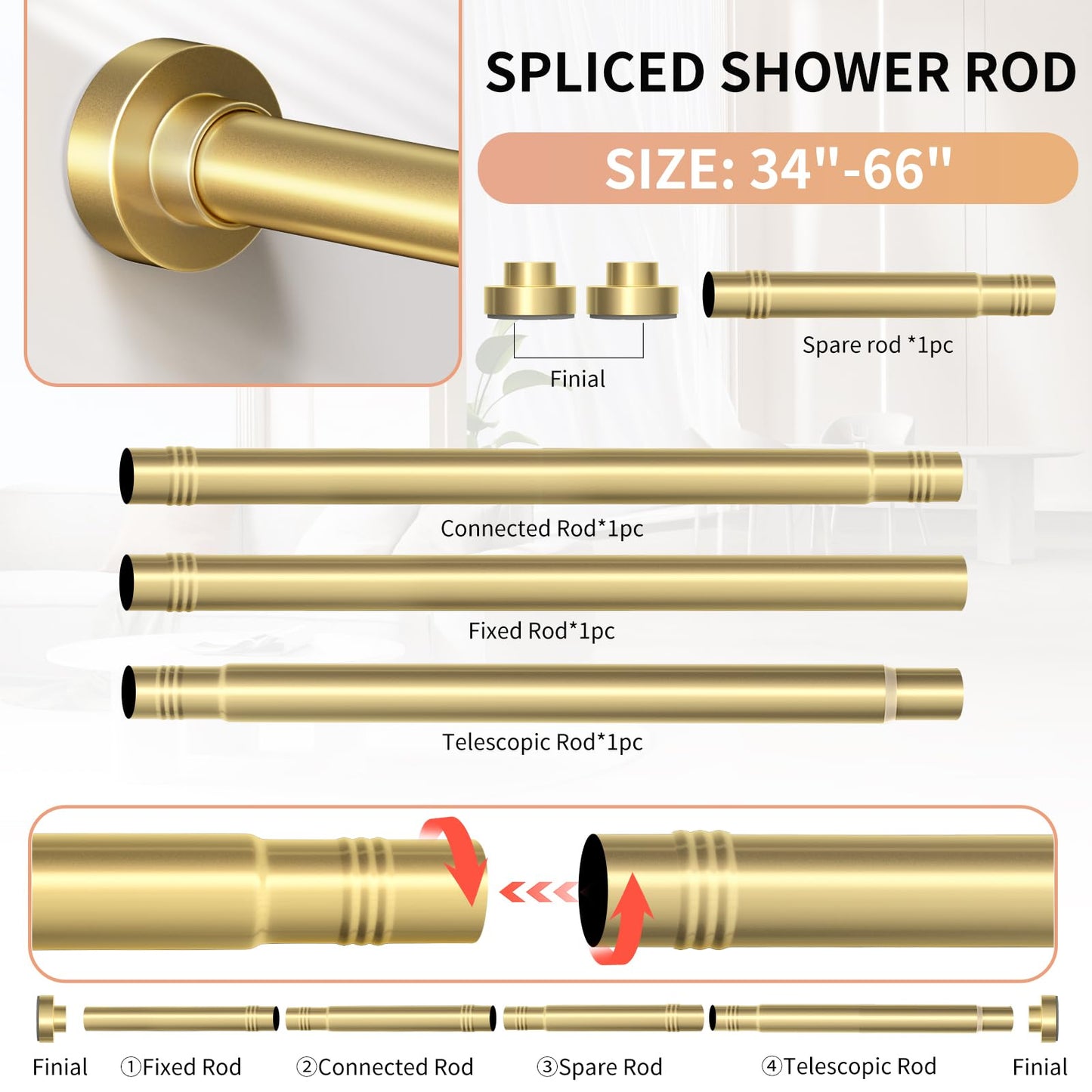 Emlaoe Gold Shower Curtain Rod 34-66 Inches(2.8-5.5ft) Never Rust Adjustable Shower Rod Spring Tension Non Slip No Drilling Shower Rods for Bathroom