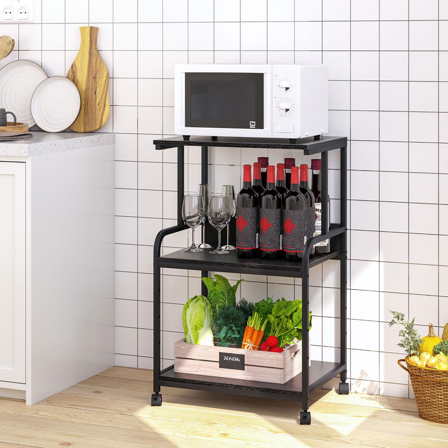 3-Tier Printer Stand, Large Printer Table on Wheels, Movable Printer Stand with Storage, Rolling Printer Cart for Fax Scanner Files Media Player