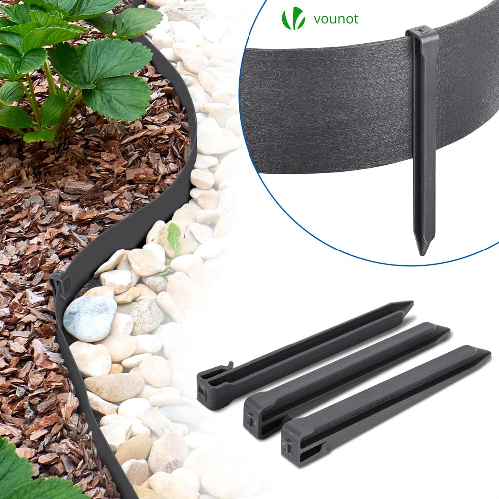 VOUNOT PE Garden Edging 20 Metres with 12 Anchor Pegs Flexible Lawn Edging Natural Look Height 13 cm Thickness 4 mm Grey