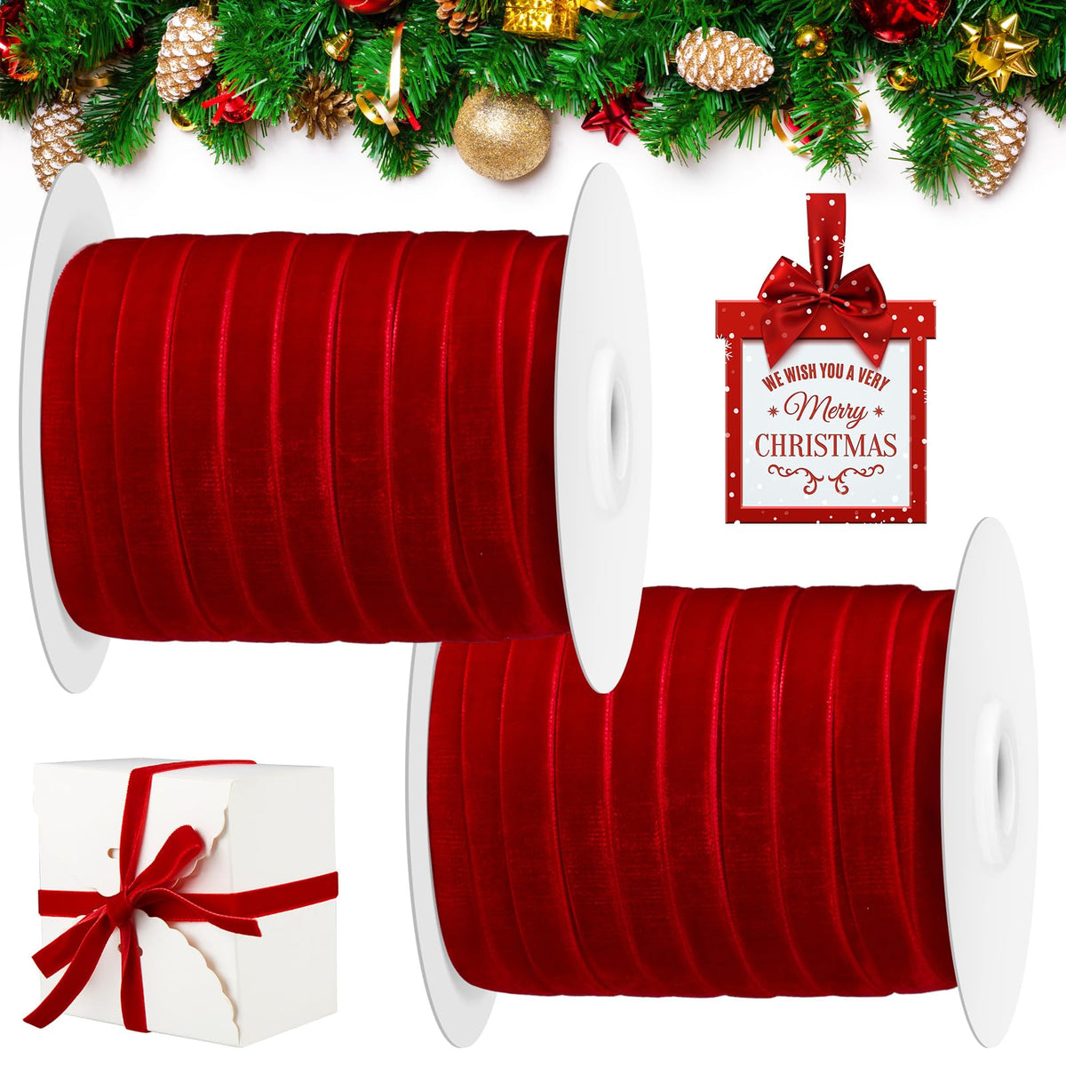Cindeer 100 Yards Christmas Velvet Ribbon Christmas Ornaments Satin Vintage Trim Velvet Ribbon Roll for Gift Wrapping Hair Bow Clip DIY Crafts Party