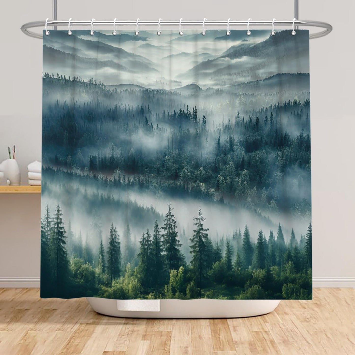 ASDCXZ Forest Shower Curtain 180x200 cm, Natural Landscape Blue Green Fog Forest Jungle Mountain Peak Cloud Washable Shower Curtains Polyester