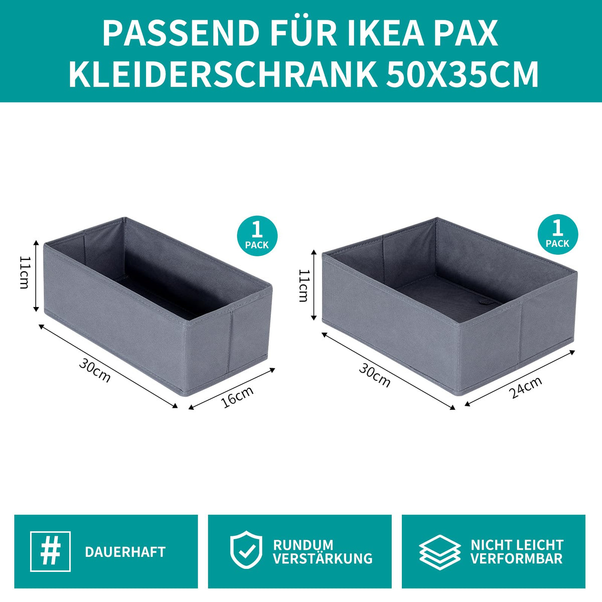 ORLISA Drawer Organiser ClothesCompatible with PAX Wardrobe 50 x 35 cm Stable Base, Foldable, & Robust, Set of 2, Grey