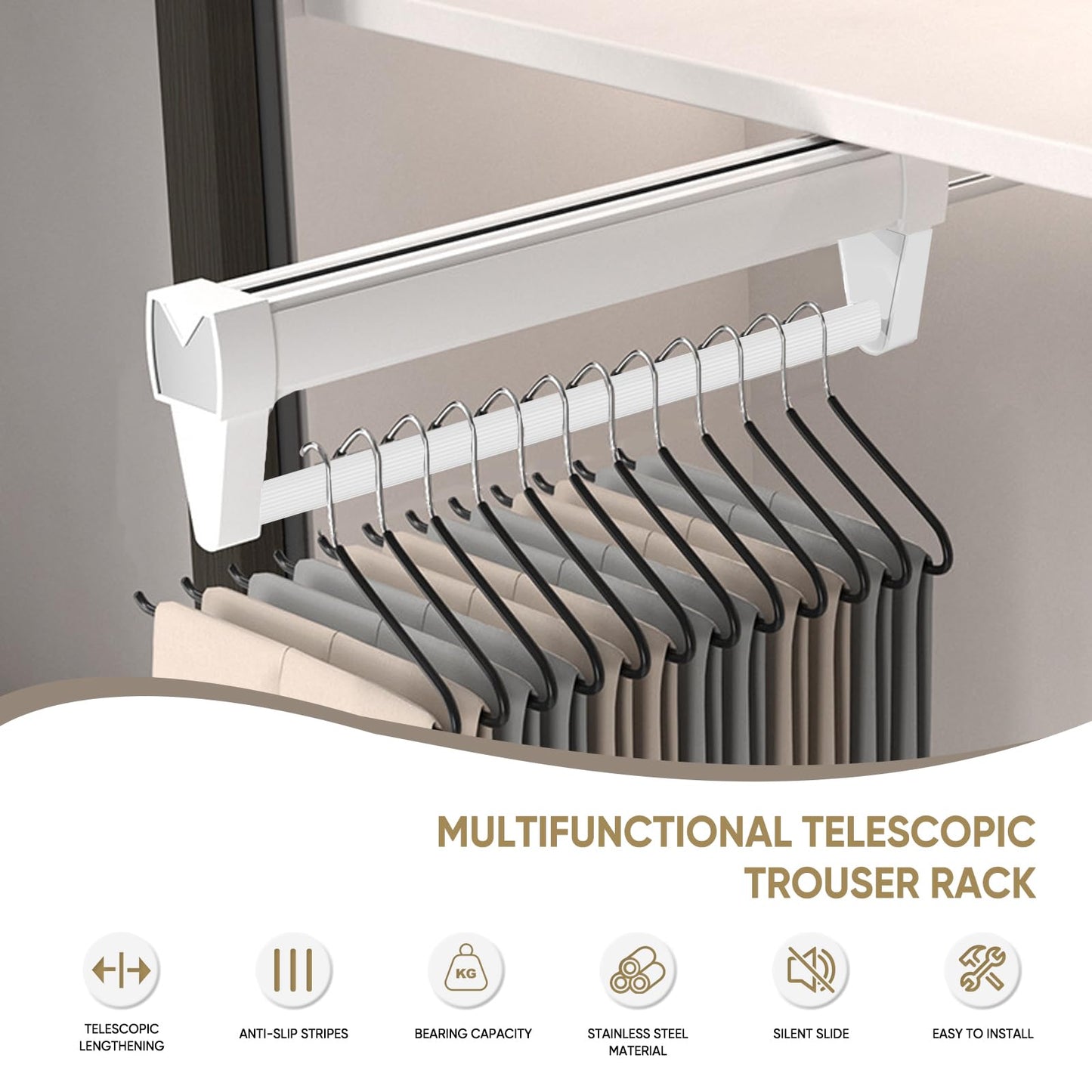Pull Out Clothes Rail,Wardrobe Pull Out Clothes Rail (26-61CM) Steel Adjustable Clothe Rails For Trousers Clothing Storage, Space Saving (61CM)