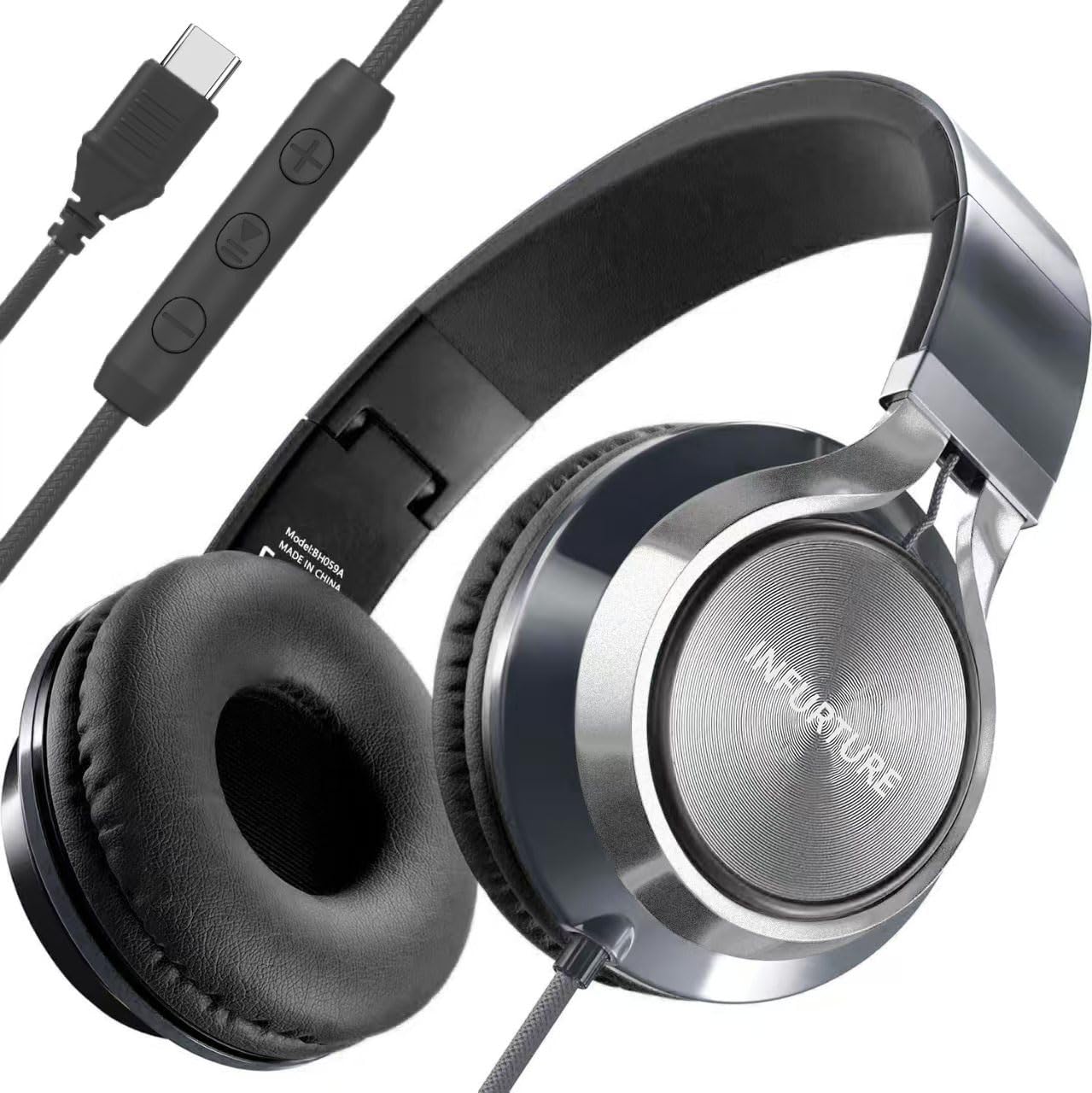 INFURTURE USB C Headphones Wired with Mic Type C Headphones Volume Control, Tangle-Free Plaiting Line, Over Ear Headphone, Foldable Headphones for