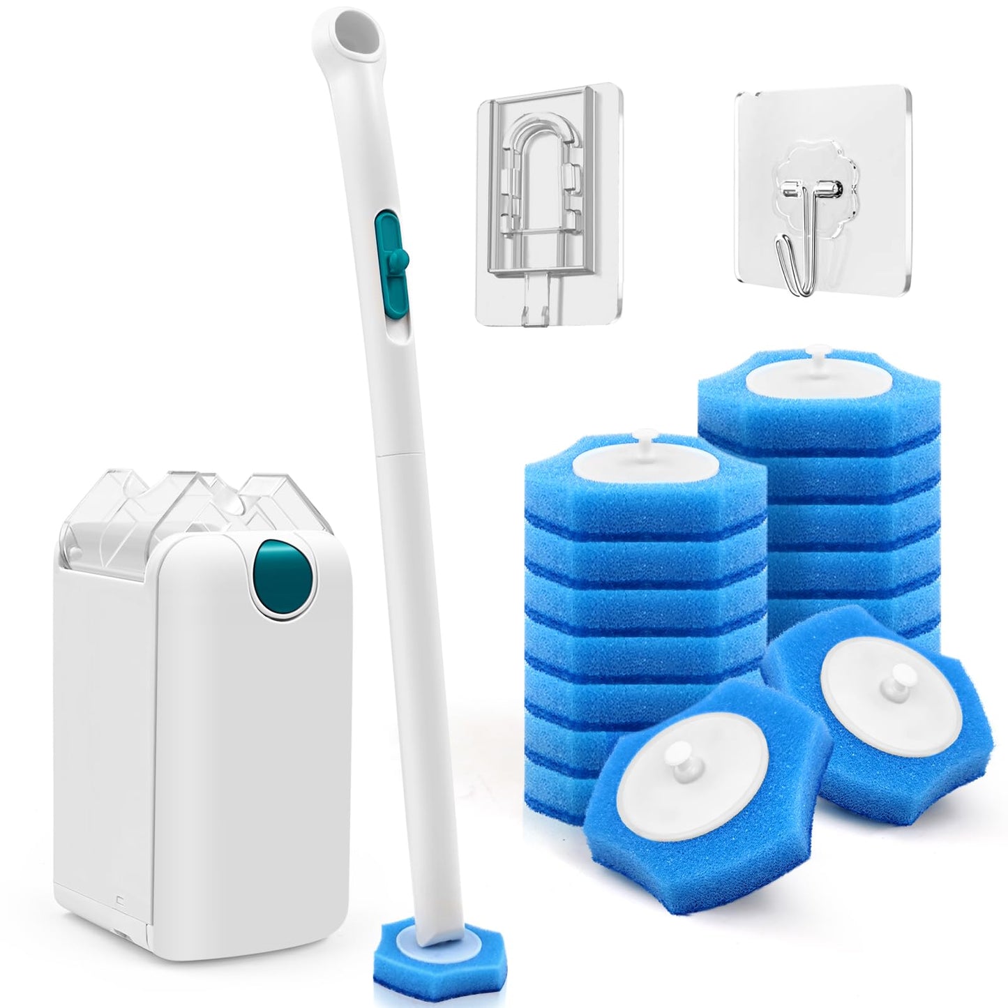 NEWE Disposable Toilet Brush, Toilet Bowl Wand Holder Set with Upgraded Clamping System, 16 PCS Cleaner Refills, Bathroom Cleaning Tool for Sink