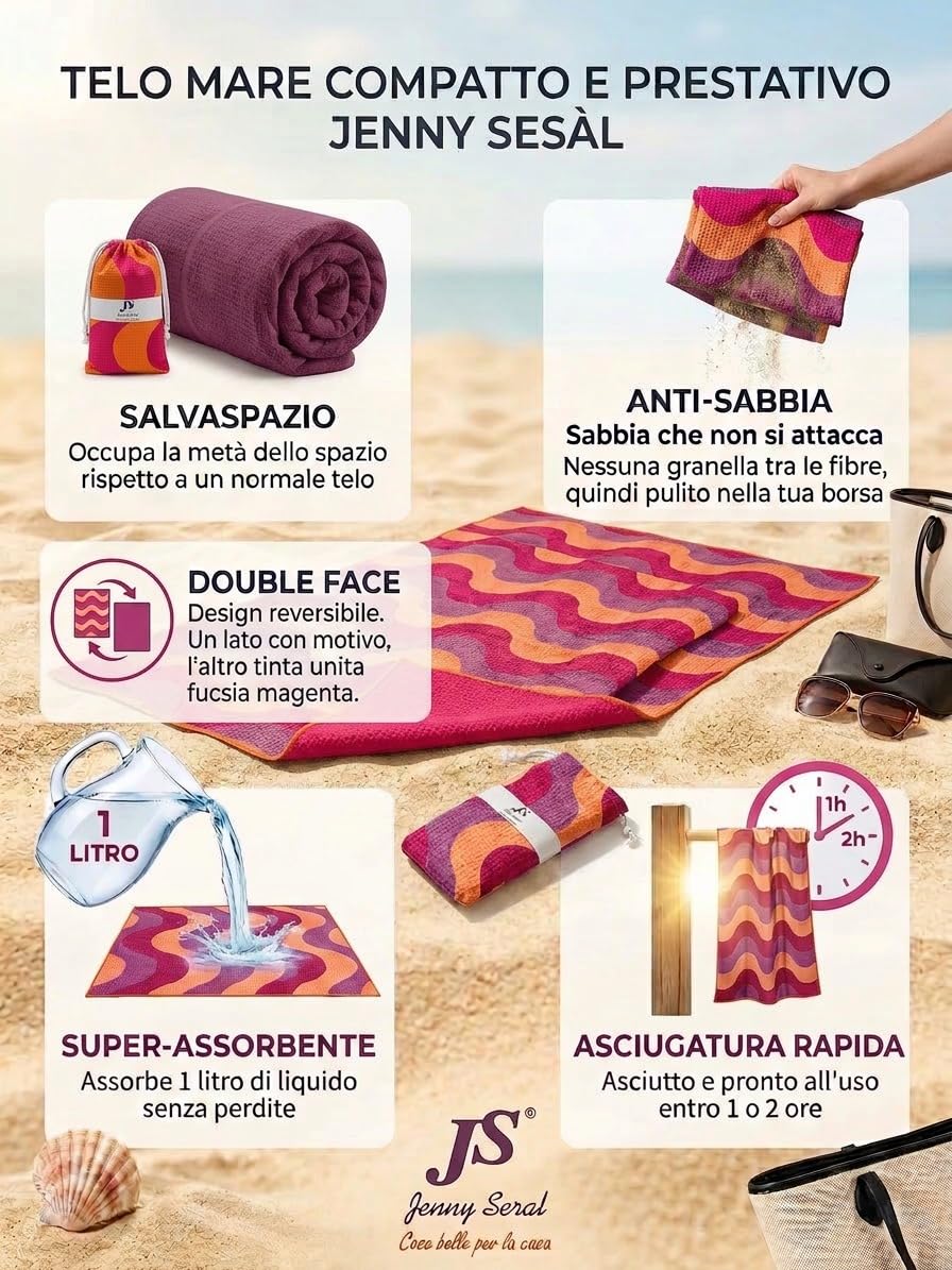 Jenny Sesal Elegant Wave Beach Towel - Maxi Size, Super Absorbent and Compact, Ideal for Beach, Pool and Gym (Orange)