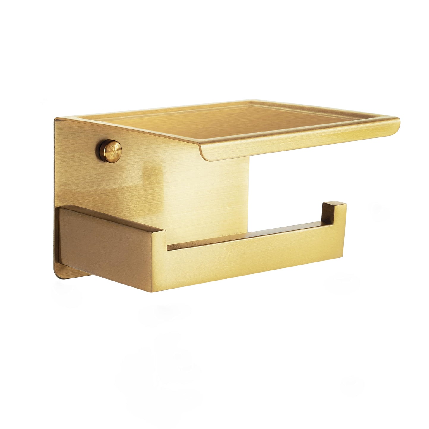 HITSLAM Brushed Gold Toilet Roll Holder with Phone Shelf, Stick on Brass Toilet Paper Holder for Bathroom, SUS 304 Stainless Steel, Two Installation