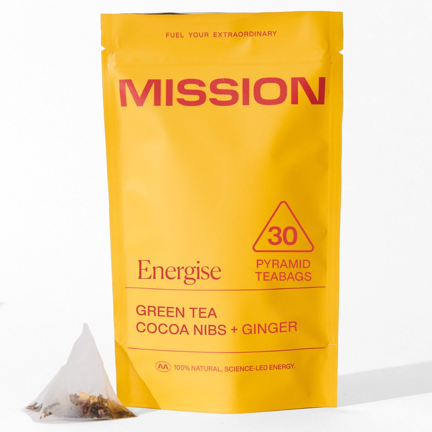 MISSION - Energise Tea - Green Tea with Cocoa & Ginger - Improve Cognitive Function - 30 Pyramid Tea Bags