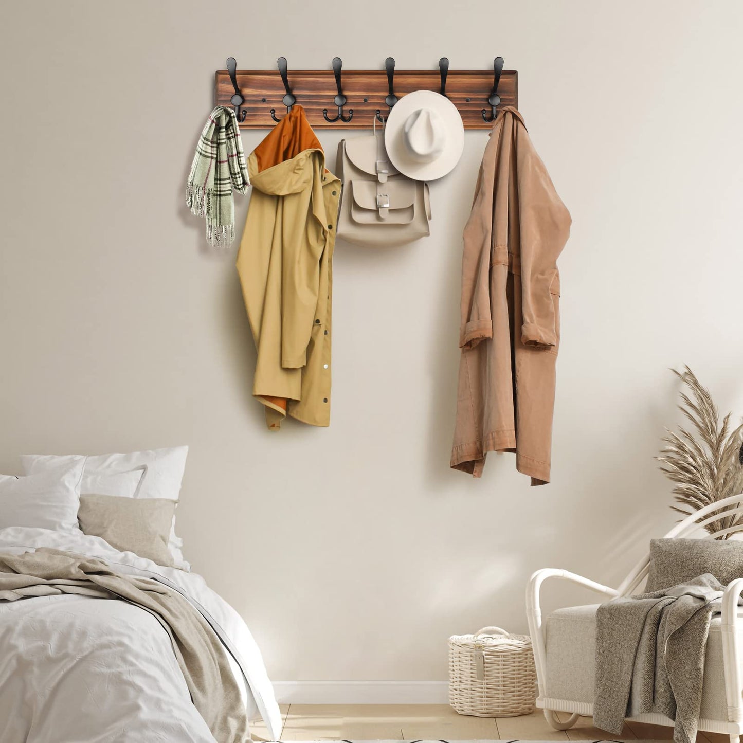 PHINGEER Wall Mounted Coat Hooks, Wooden Heavy Duty Coat Rack for Wall,6 Triple Coat Hanger Hooks for Hanging Coats,Jacket,Hat,Clothes,Brown (Brown, 6