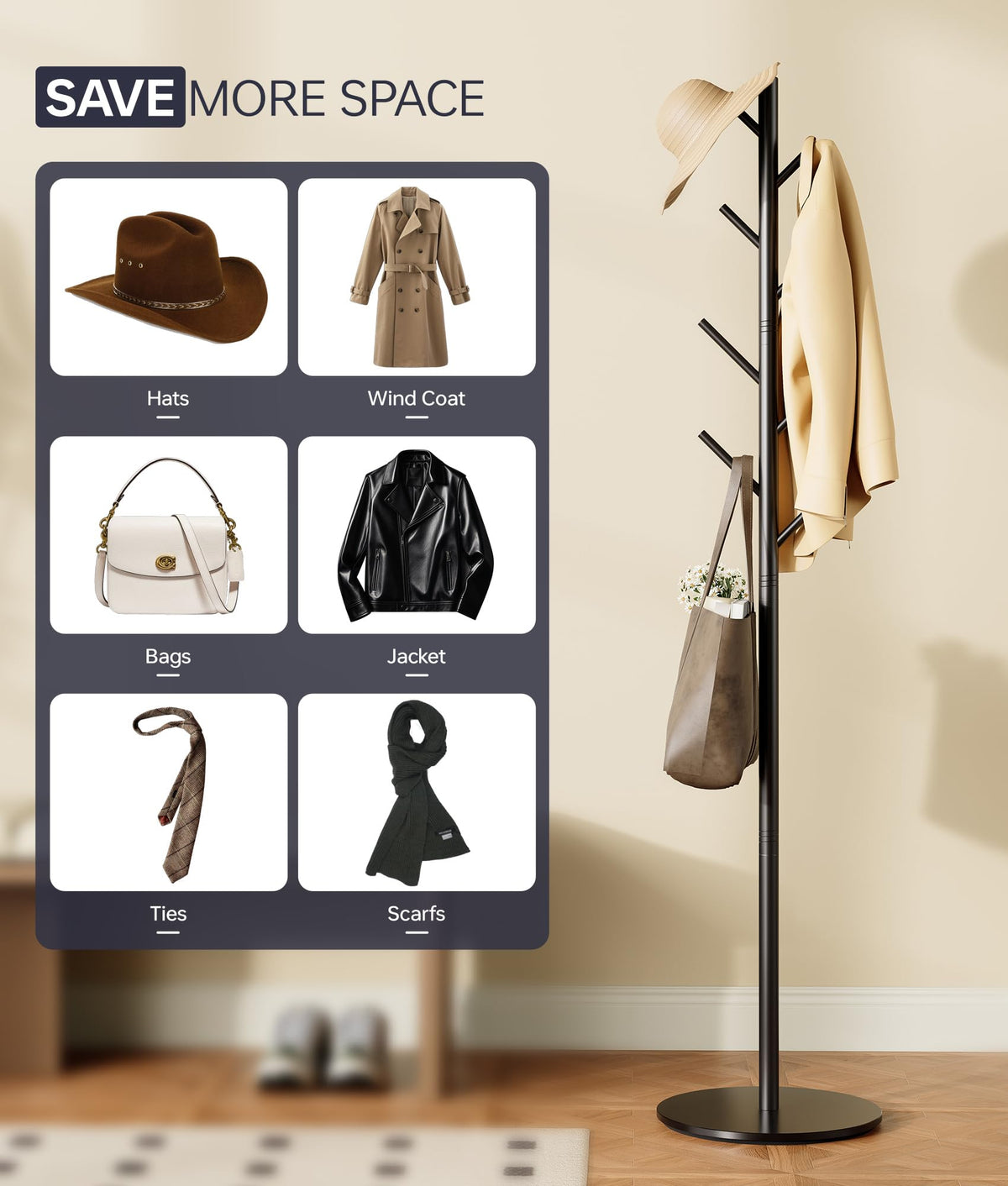 Tujurich Coat Stand with 8 Hooks, 3 Adjustable Heights, Sturdy Metal Coat Rack with Sintered Stone Base, for Hallway, Entrance or Bedroom