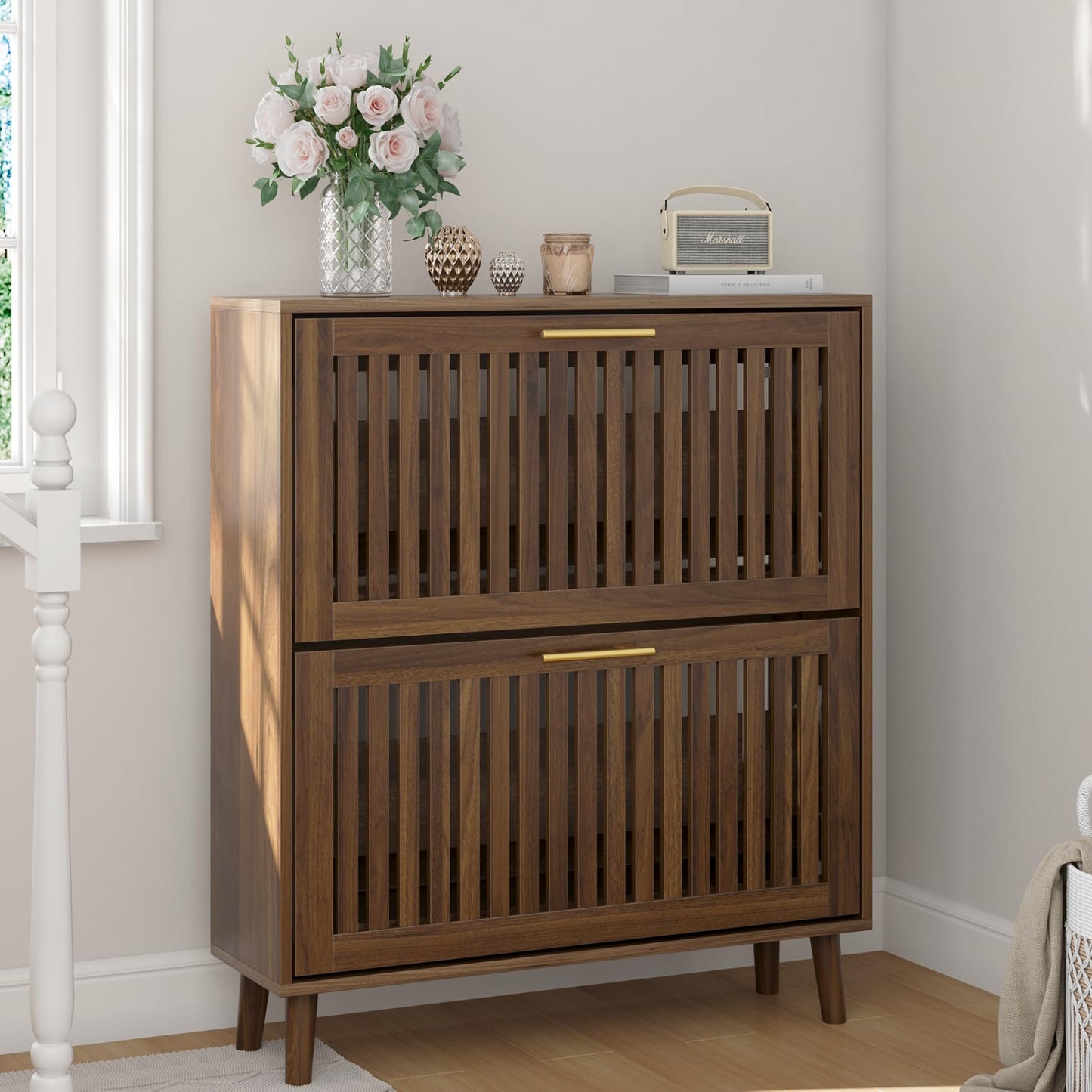 Smart FENDEE Shoe Storage Cabinet with 2 Flip Slatted Drawers, Narrow Wood Shoe Cabinet with Gold Handle, Hidden Entryway Shoe Organizer for Hallway