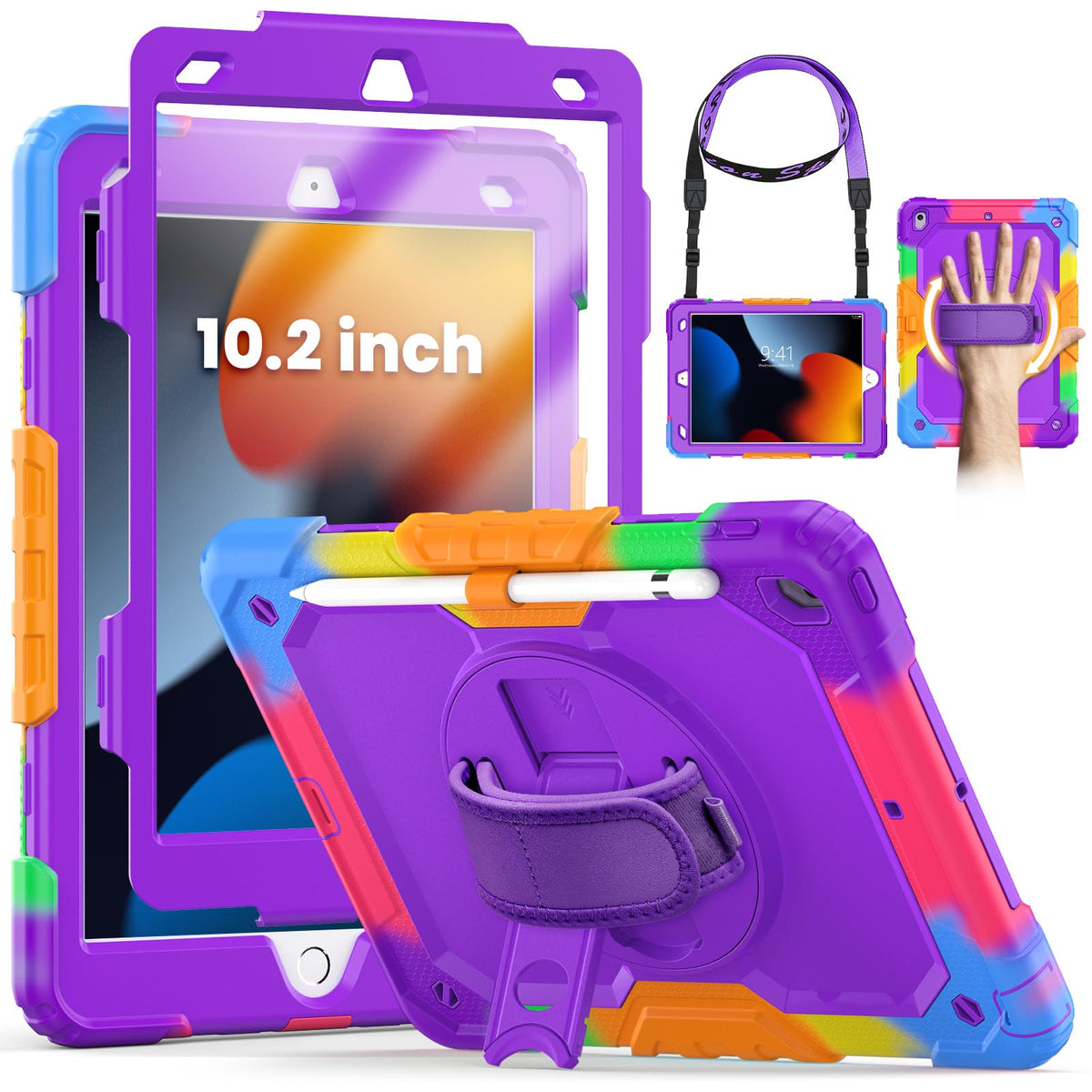 SEYMCY for iPad 9th/8th/7th Generation Case Kids 10.2 inch, Shockproof Sturdy with Rotating Hand Strap & Stand, Screen Protector, Shoulder Strap, Pen