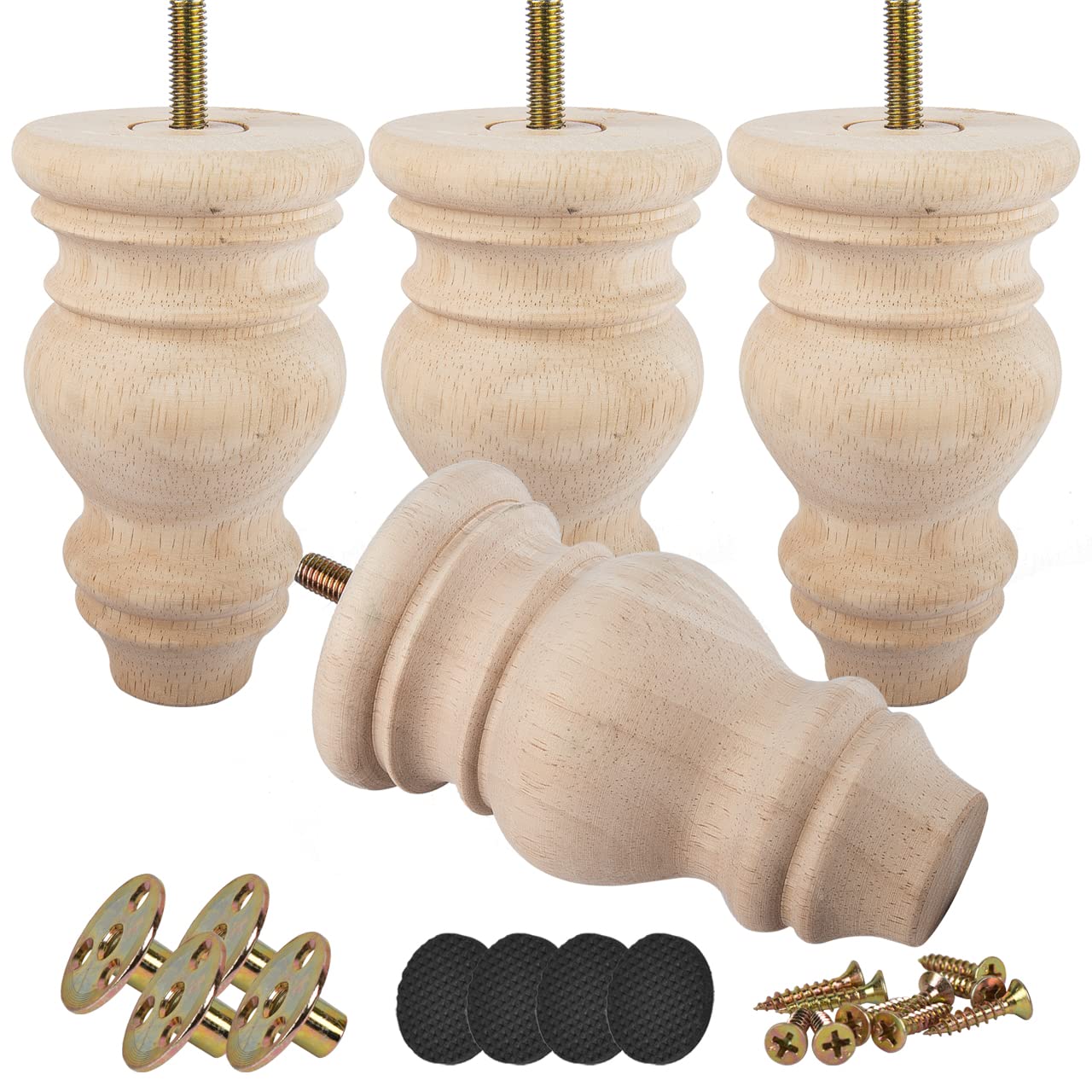 Btowin 4.8 inch / 12cm Unfinished Wooden Bun Feet, 4Pcs Solid Wood Furniture Legs with Threaded M8 Hanger Bolts & Mounting Plate & Screws for Sofa