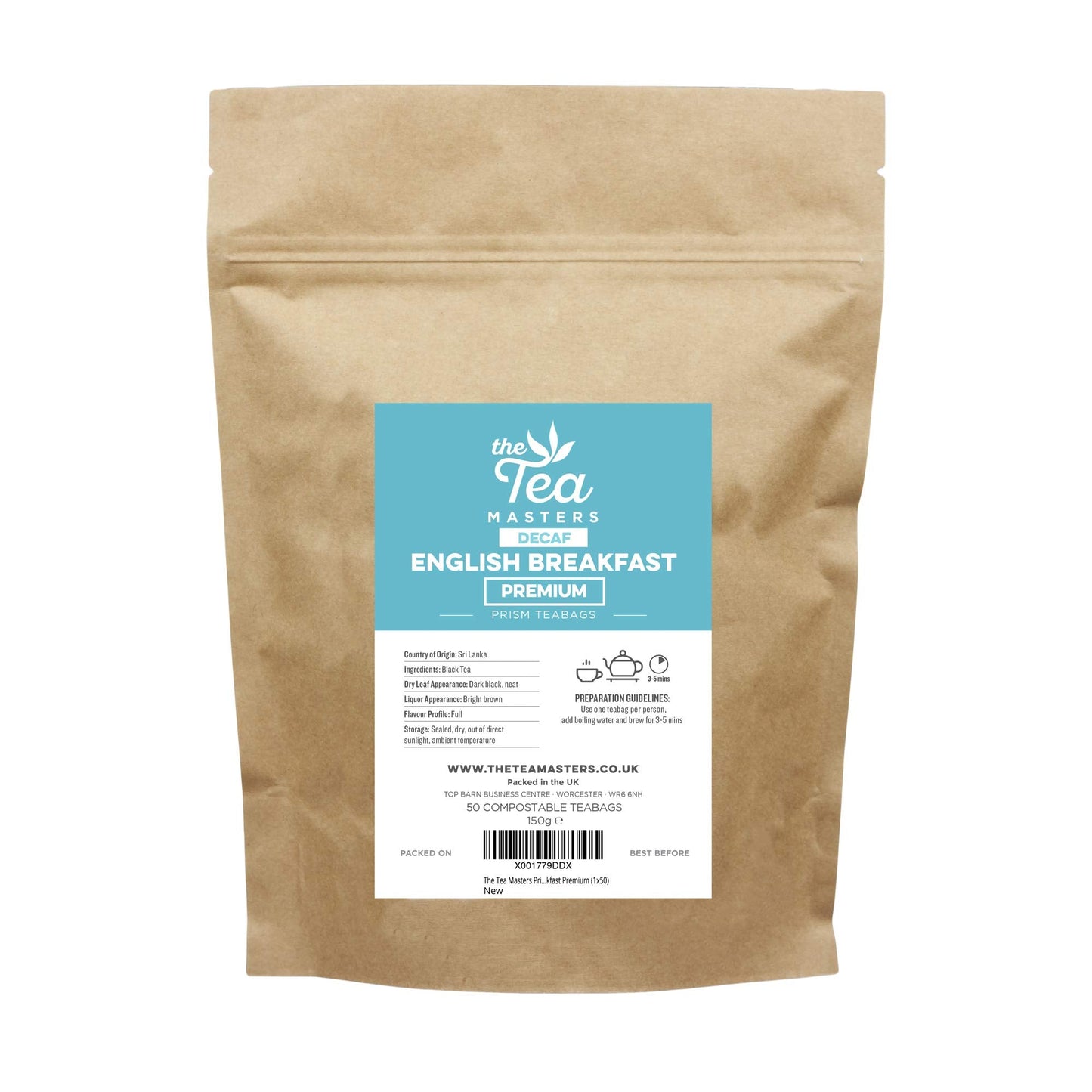 The Tea Masters Prism Teabags - 50 Pcs Premium English Breakfast Decaf Tea Bags - 100% Richly Flavoured Black Tea Leaves - English Breakfast Tea Bags