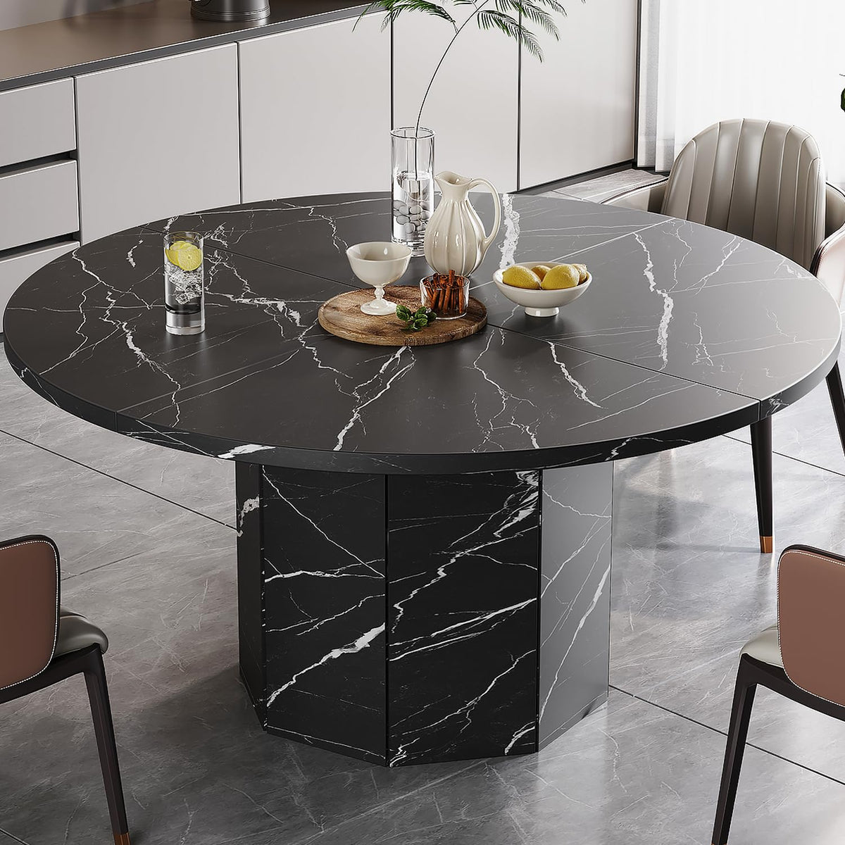 HSH Round Dining Table for 4-6 People, Black Faux Marble Kitchen Table only, Modern Wooden Dinner Table for Living Dining Room with Octagon Base,