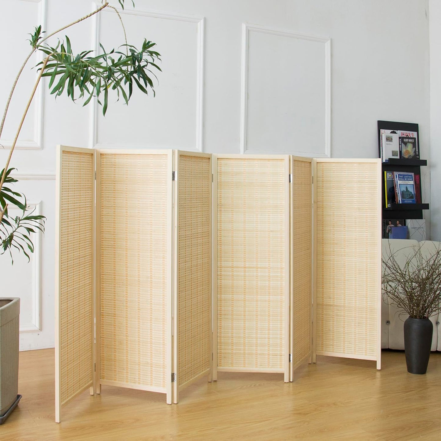 Furnnylane 6 Panel Bamboo Room Divider Short Folding Screen Divider,Double Sided Bamboo Panel Divider for Room Separation,Beige,120 cm H x 234 cm W