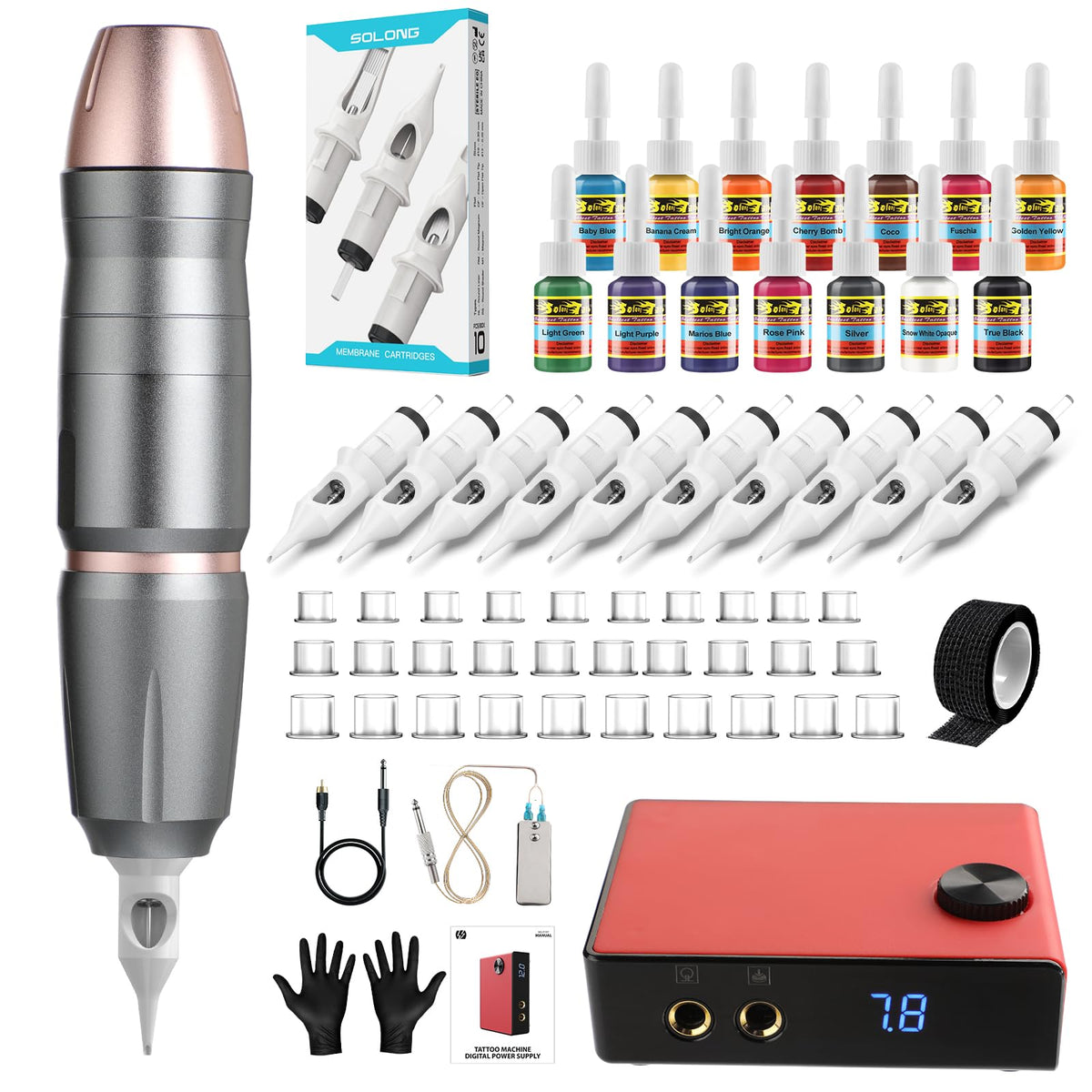 Solong Tattoo Kit Professional: High-Efficiency Motor Tattoo Gun Machine, LCD Power Supply, 14 Color Premium Ink, 10 Tattoo Needles and Foot Pedal