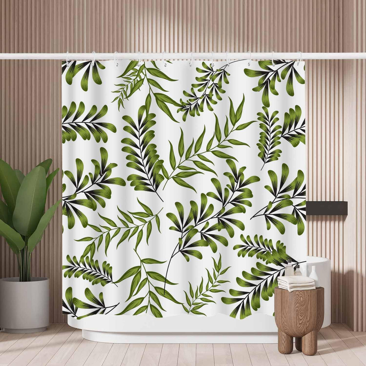 Woutay Shower Curtain Mould Proof Resistant Palm Jungle Leaves,Water Repellant Fabric,Polyester,with 12 Plastic Hooks