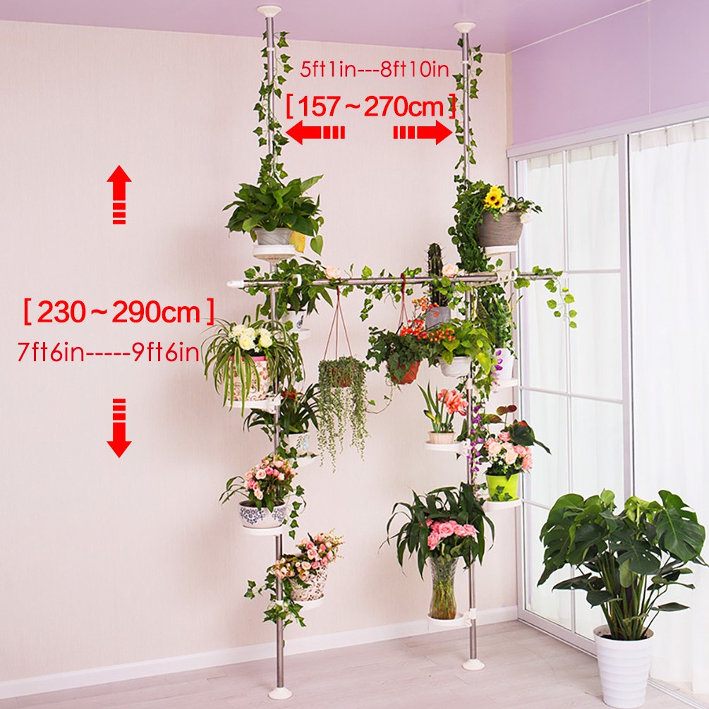 BAOYOUNI Indoor Plant Stands Spring Double Tension Pole Metal Flower Display Rack Space Saver Corner Floral Pot Storage Shelf with 12 Trays, 2 Hooks &