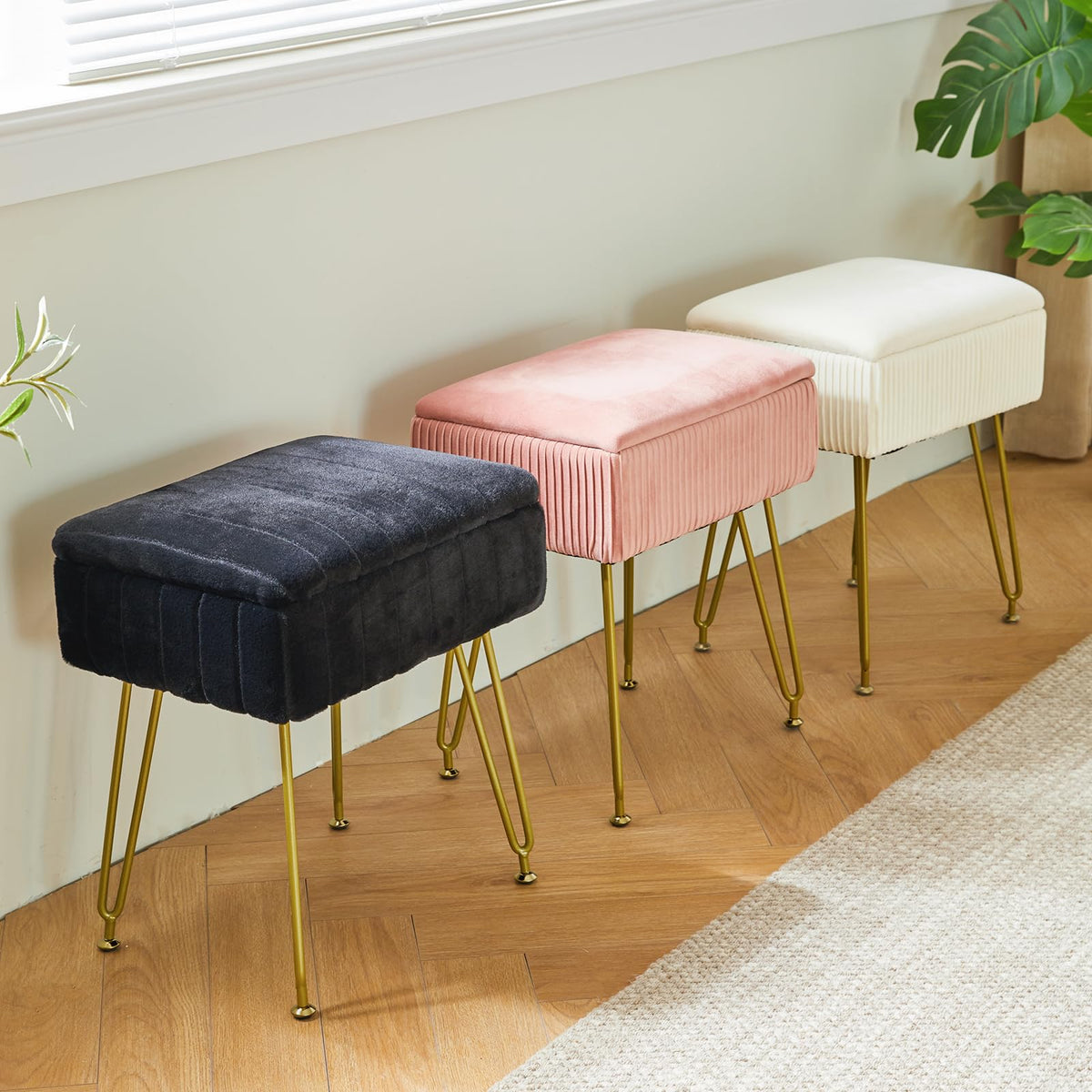 IBUYKE Vanity Stool Chair with Storage, Faux Fur Ottoman, Black L/G-50B