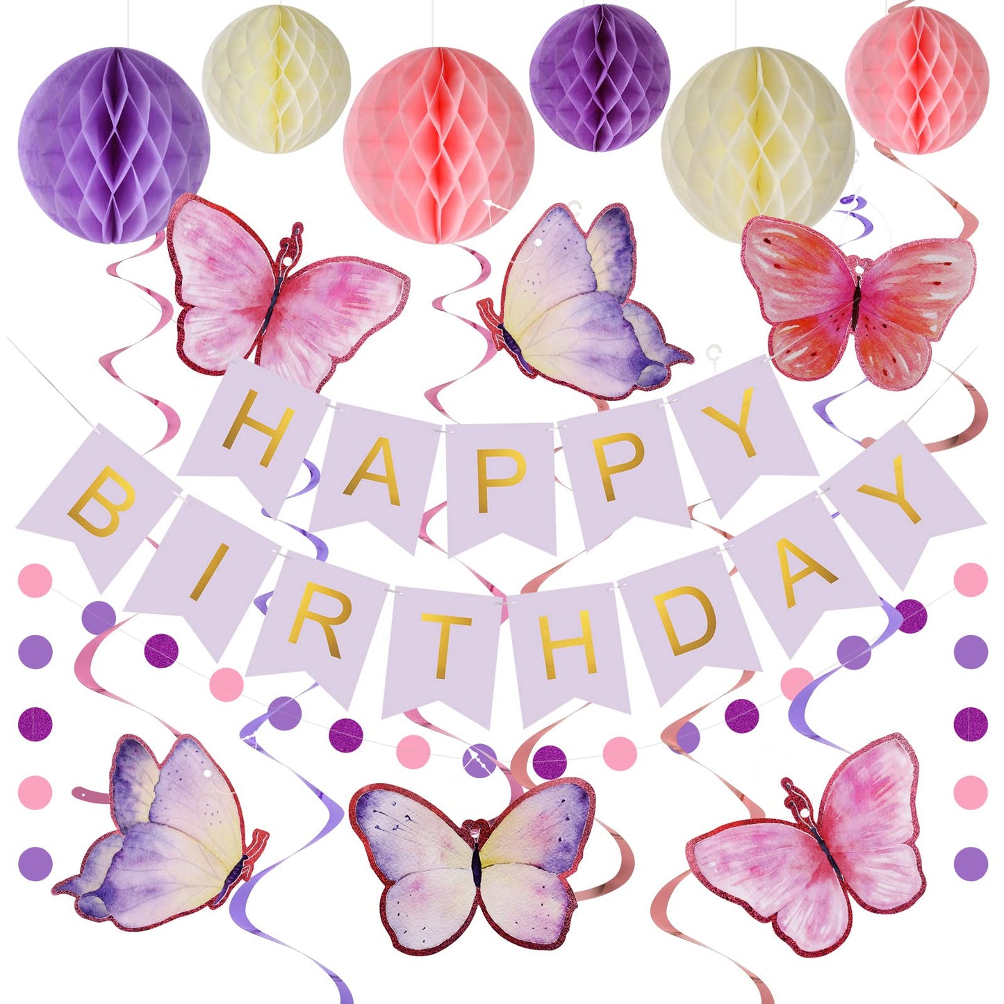 Purple Birthday Decoration, Purple Happy Birthday Banner with Honeycomb Ball, Butterflies Hanging Swirl Streamer, Circle Dot Garland Decoration,