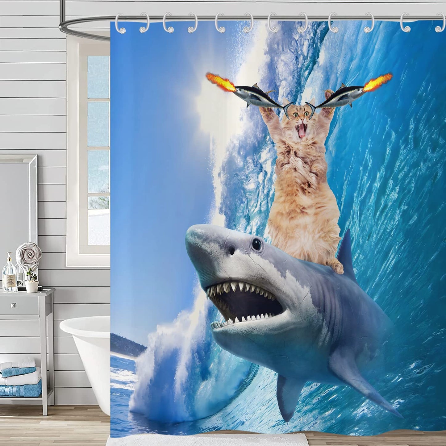 Hnmdmyi Funny Shower Curtain 90x180, Cool Cat Riding Shark Shower Curtains Ocean Sea Waves Fish Blue Cute Kids Boys Bathroom Curtains Waterproof