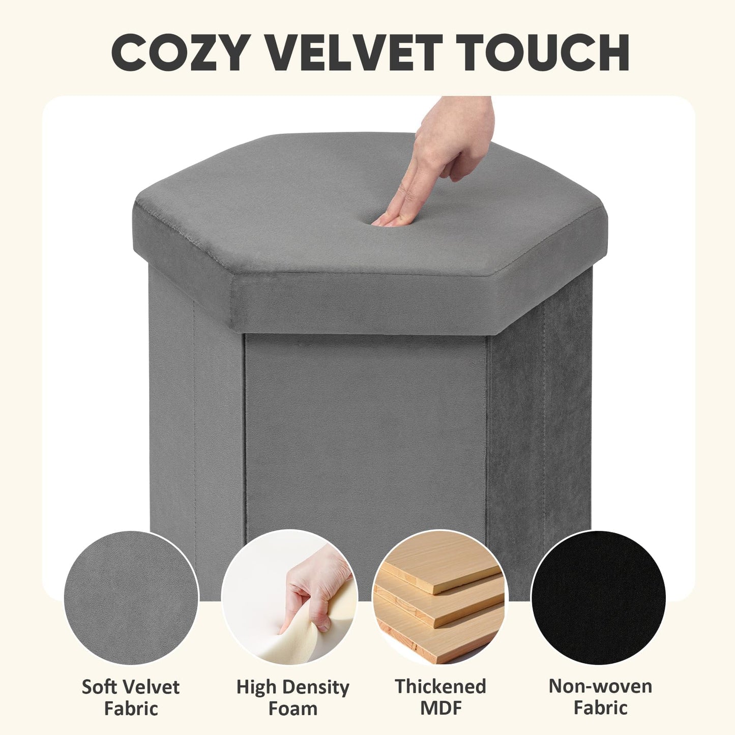 PINPLUS Hexagonal Storage Ottoman, Velvet Foldable Footstool, Grey