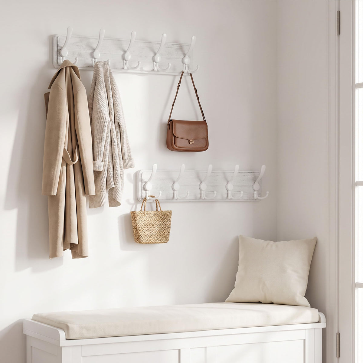 WEBI Coat Rack Wall Mounted,Wood Coat Hooks Wall Mount,16" Hole to Hole,Coat Hanger Wall Hook Rack Rail,5 Triple Hooks for Hanging