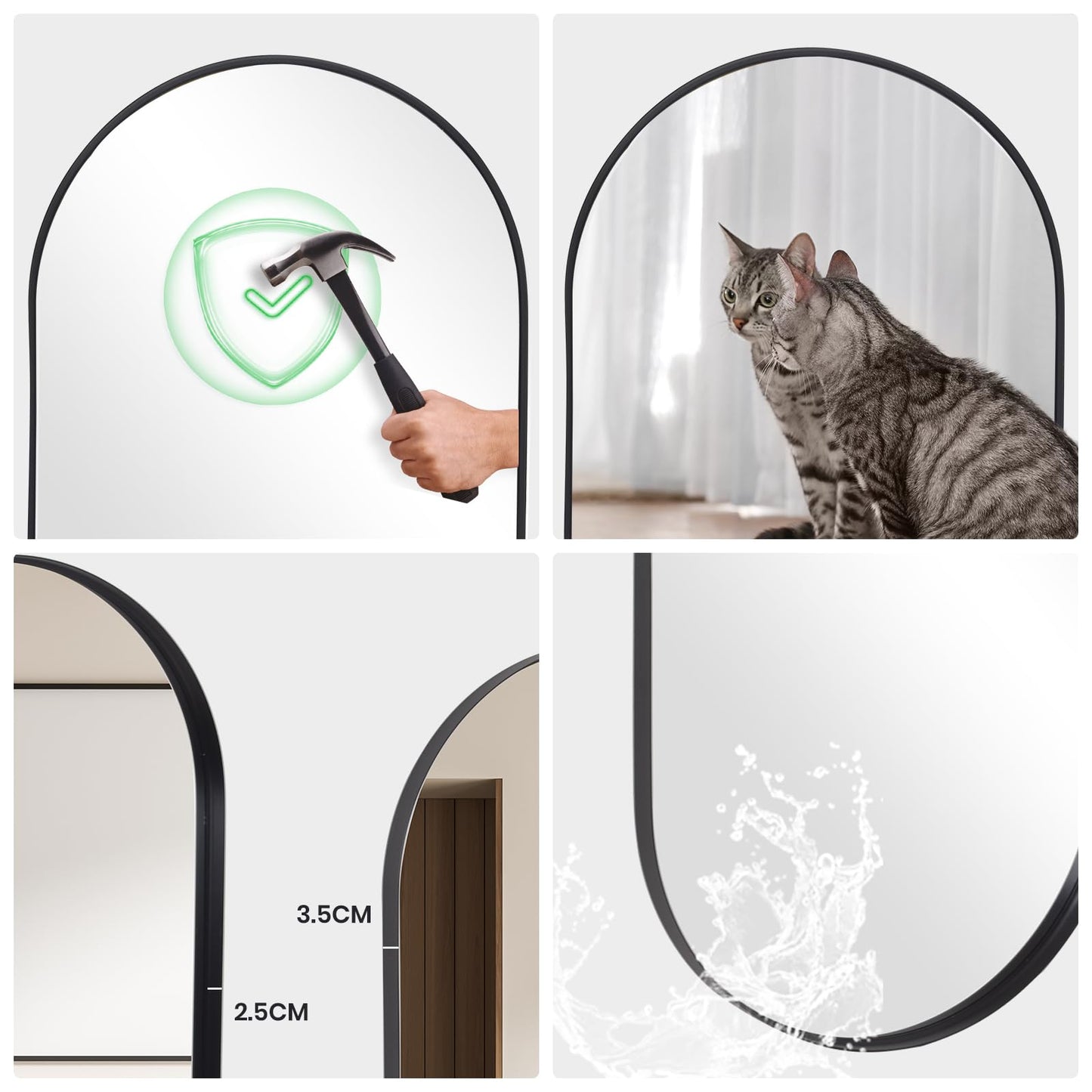 LunaMirror Wall Mirror Oval 60x90 CM Wall-Mounted Bathroom Vanity Mirror Stylish Black Mirror Wall Decor Rectangle Wall Hanging Mirror with Curved
