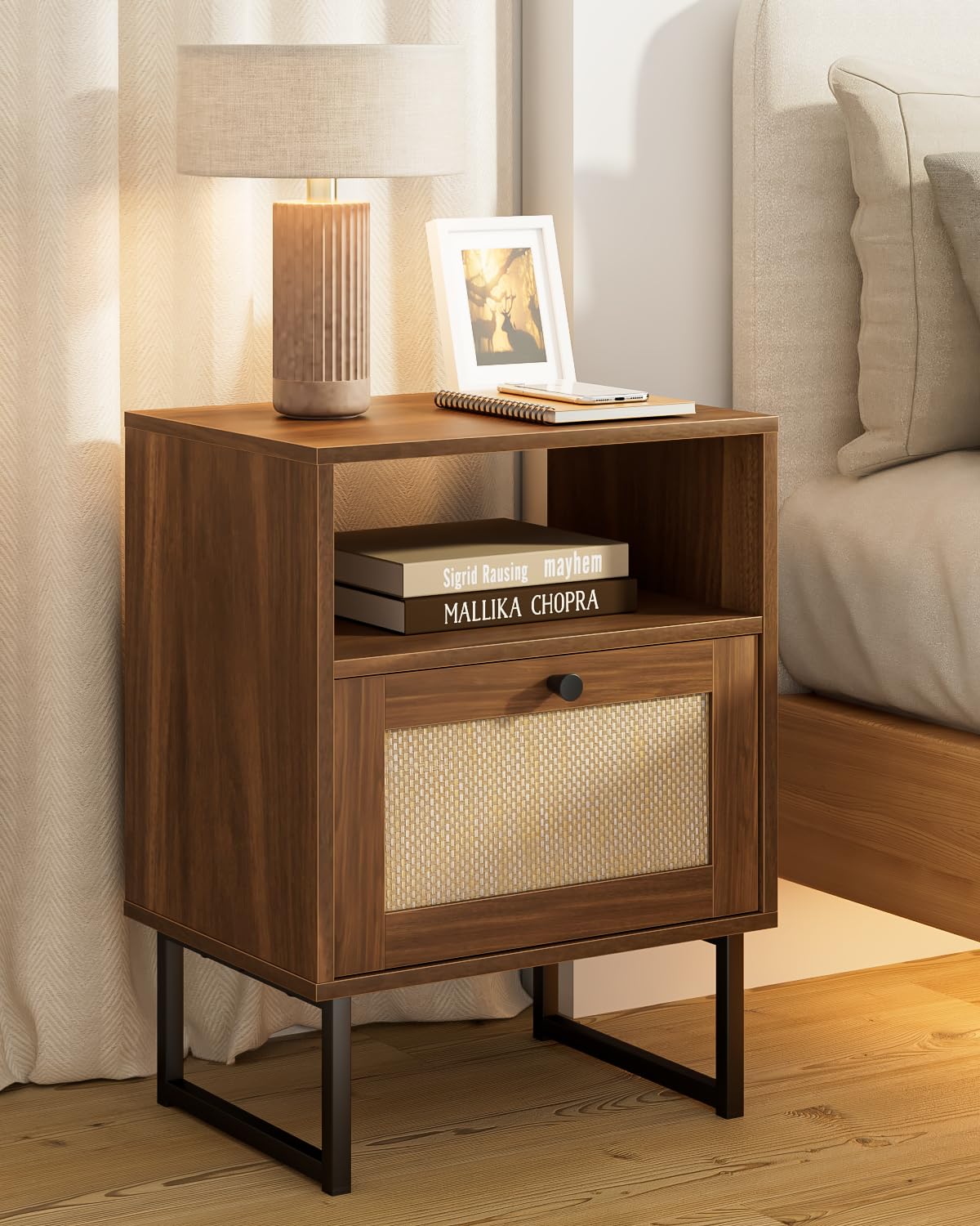 HEYZOEY Rattan Bedside Table,Modern Boho Farmhouse Wood Nightstand with Storage Drawer and Open Shelf,Gold Frame Side Table for Bedroom,Living