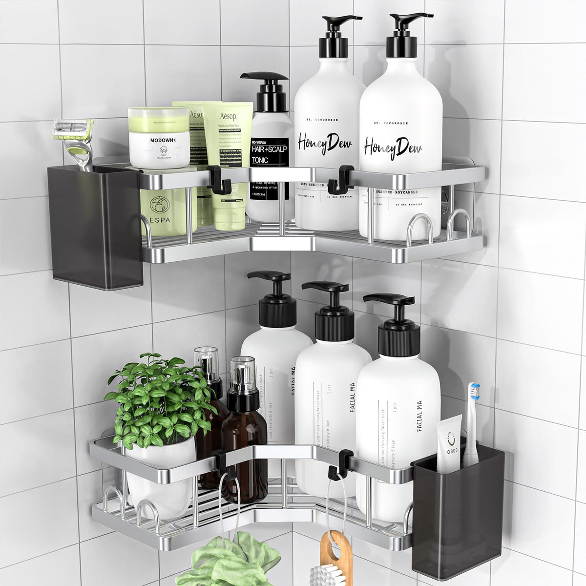 PKBD Corner Shower Caddy 2 Pack - Bathroom Storage No Drilling With Soap Holder, Hooks and Toothpaste Holders for Kitchen - Rustproof Stainless Steel