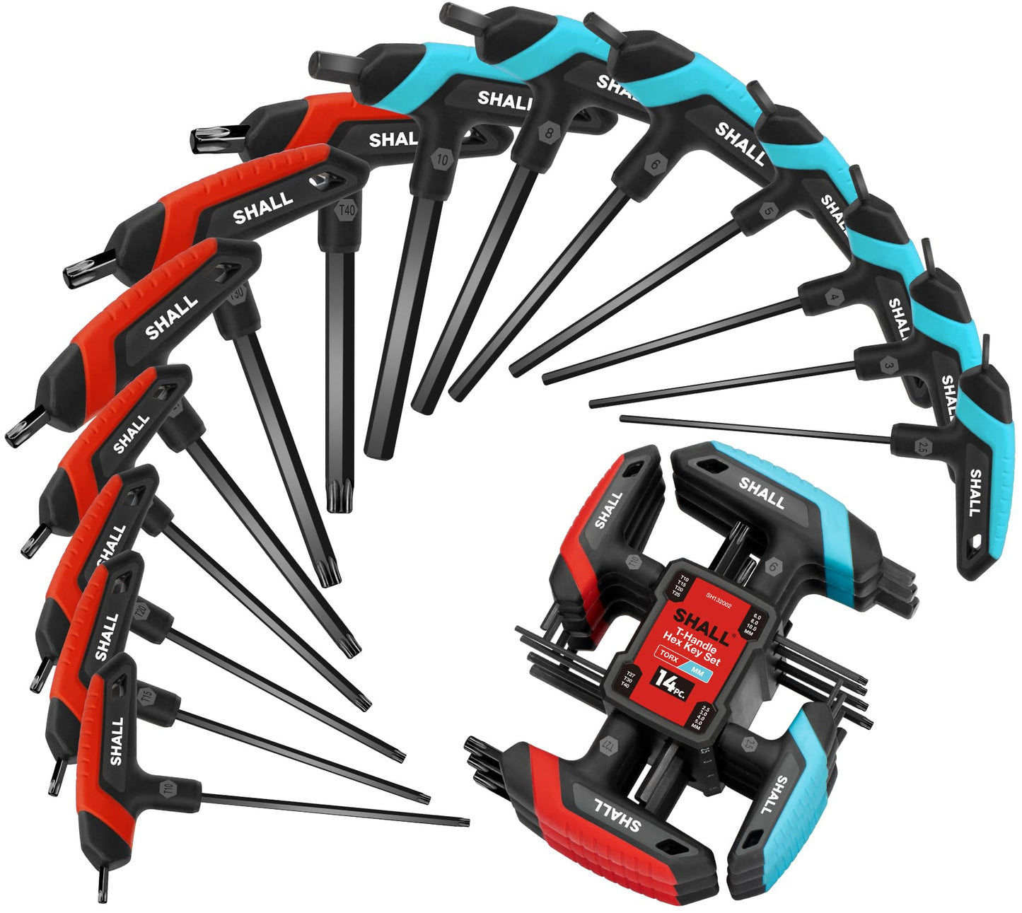 Shall 14-Piece T-Handle Hex Key Set, 7-Piece Metric and 7-Piece Torx, Portable Hex Key Set with Storage Rack for Car and Bike Repair, DIY, Home Repair