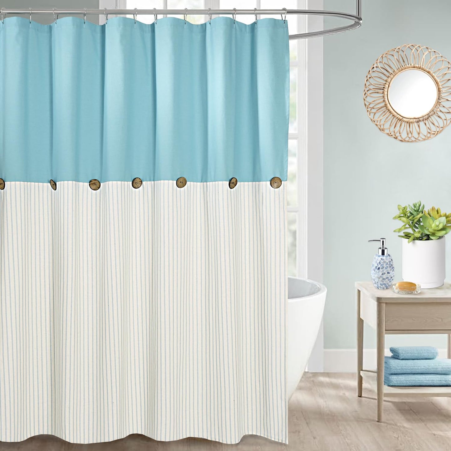 DOSLY ID?ES Farmhouse Teal Shower Curtain for Bathroom,Beige and Blue Stripe,Button Curtain,Cotton Blend Woven Fabric,Rustic Charm Country Chic