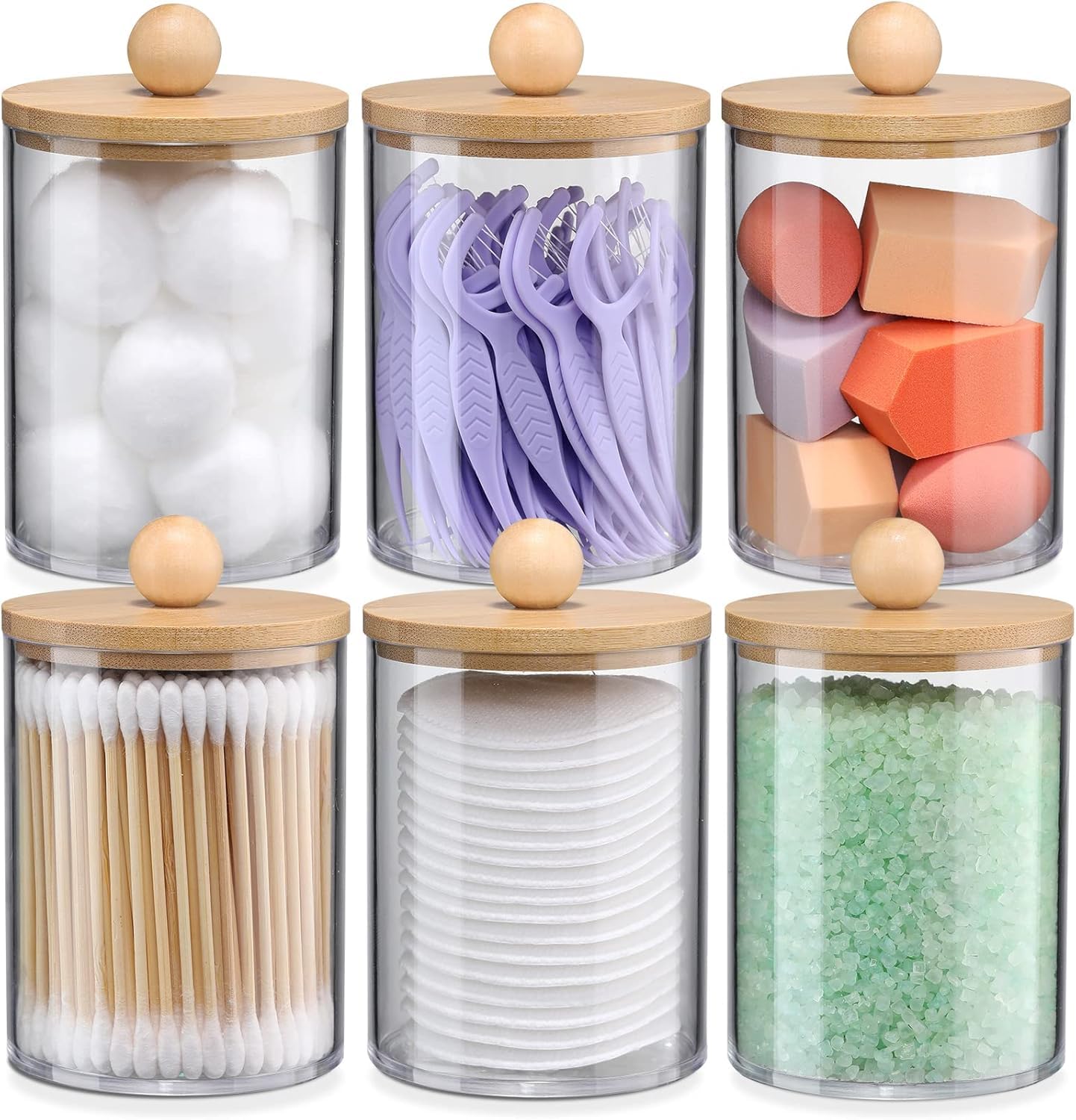 LATERN 6Pcs Cotton Pad Holders with Bamboo Lid, 10oz Acrylic Qtip Holder Bathroom Canisters Jar Dispenser Cotton Swab Ball Pad Holder for Vanity,