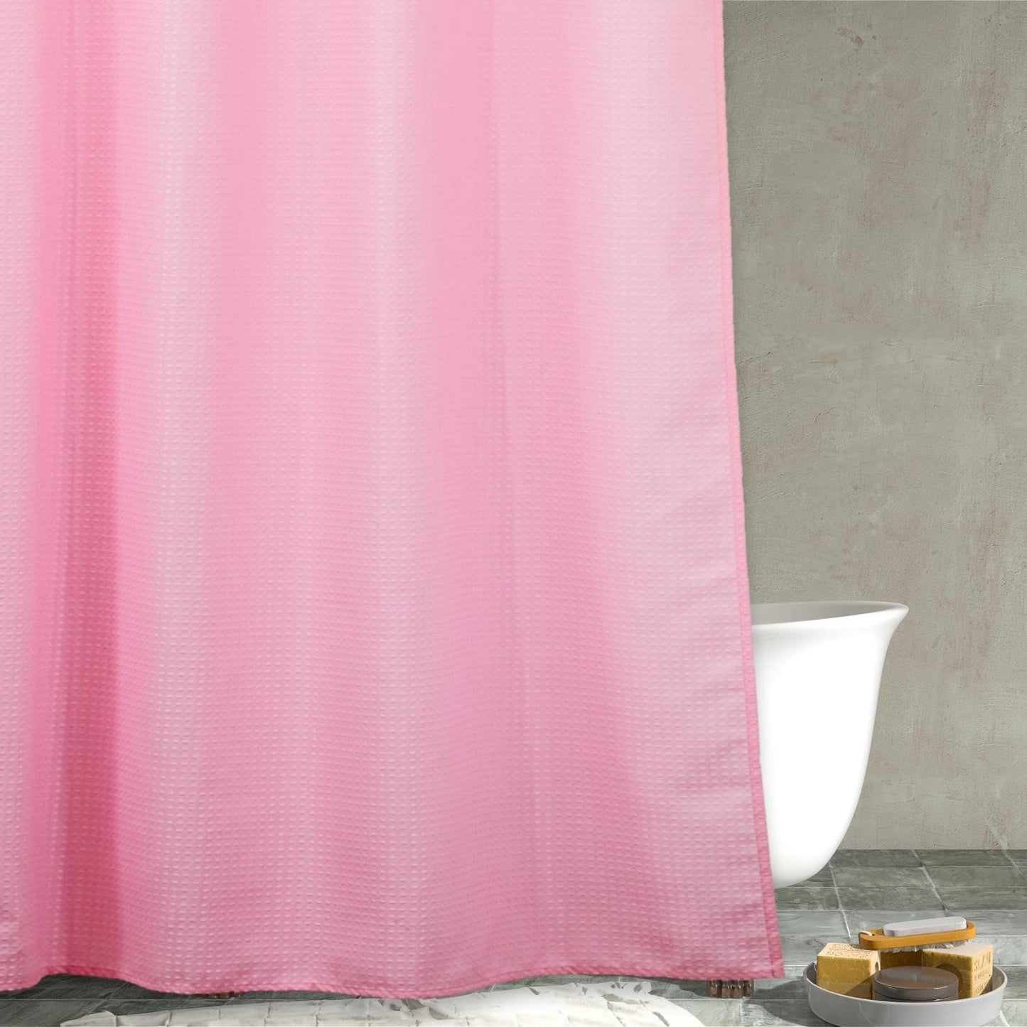 Pink Extra Long Shower Curtain: 84 Inch Long Waffle Weave Heavy Duty Fabric Shower Curtains for Girls Bathroom - Water Repellent Washable Thick