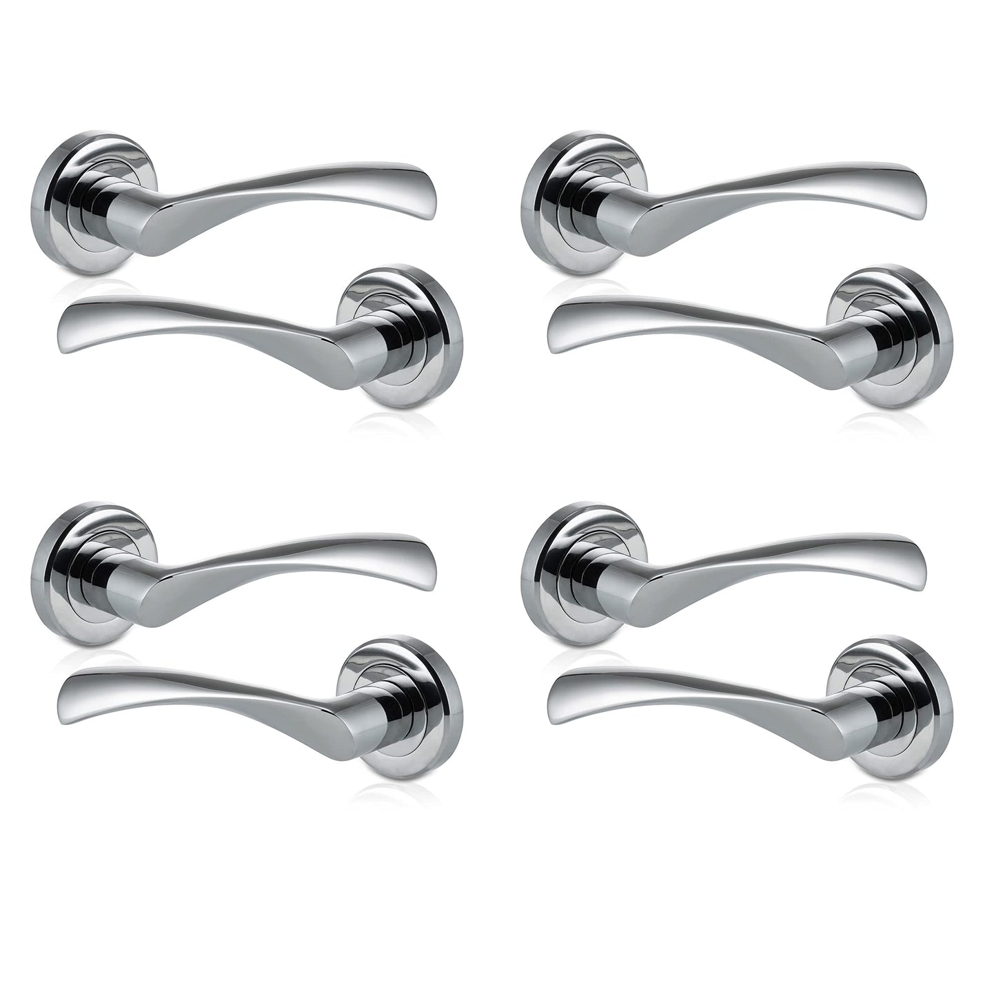 XFORT 4 Pack Door Handle on Rose, Warped Lever Door Handles in Polished Chrome Finish, Internal Lever Handle, Used as Internal Door Handles with a