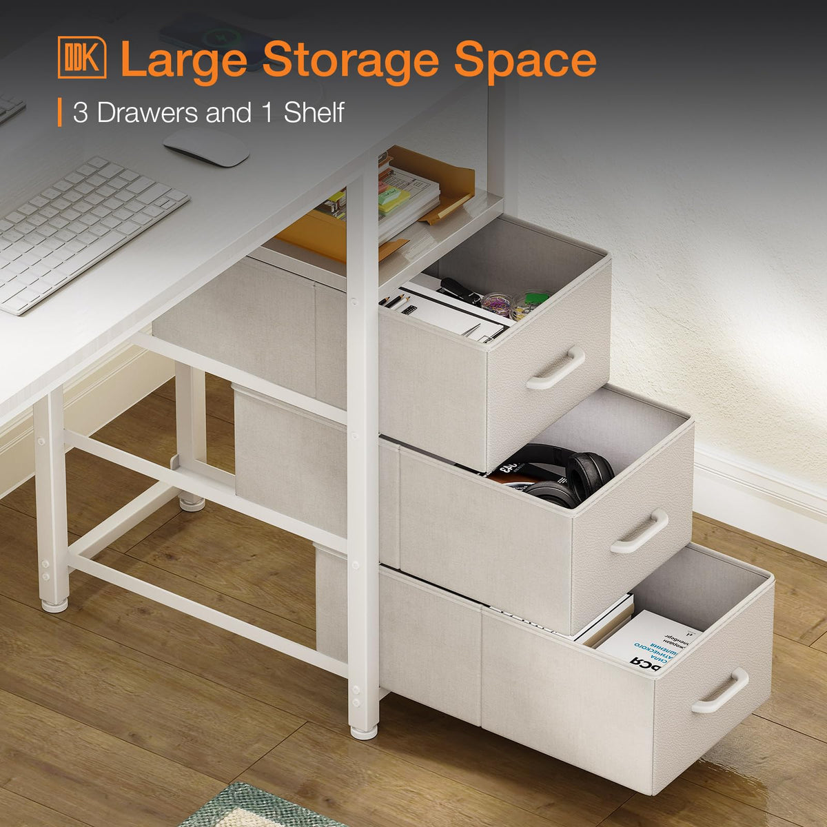 ODK Computer Desk with Drawers, 100cm Office Desk with Sockets, White