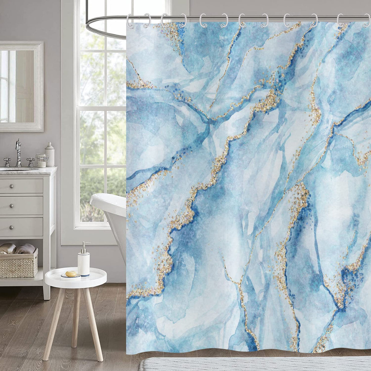Hnmdmyi Blue Marble Shower Curtain 180x200, White Watercolor Golden Cracked Lines Texture Bathroom Curtains Abstract Modern Luxury Art Waterproof
