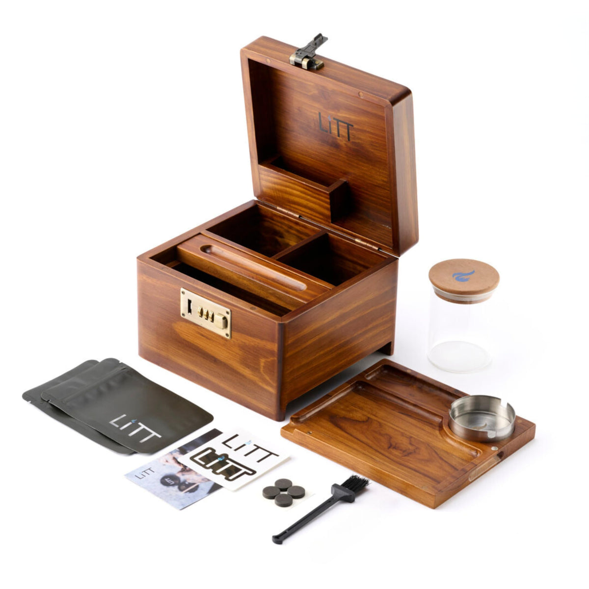 LITT - Premium Wooden Combination Lock Stash Box Set with Glass Jar, Hidden Tray, and Storage Box Brown