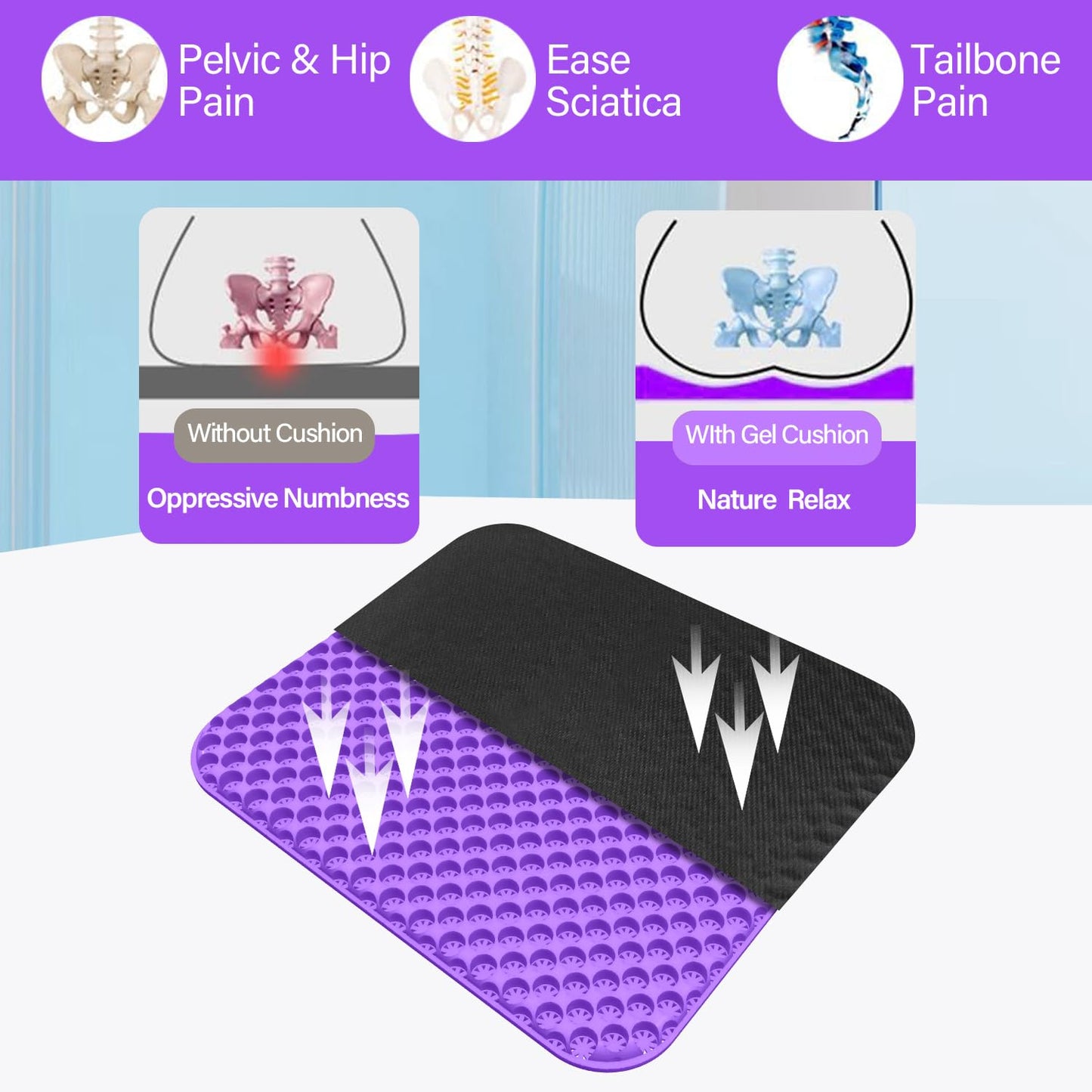 Gel Seat Cushion for Long Sitting,Double Thick Support Pressure Cushion with Non-Slip Cover,Soft & Breathable Sitter Cushion for Back Pain