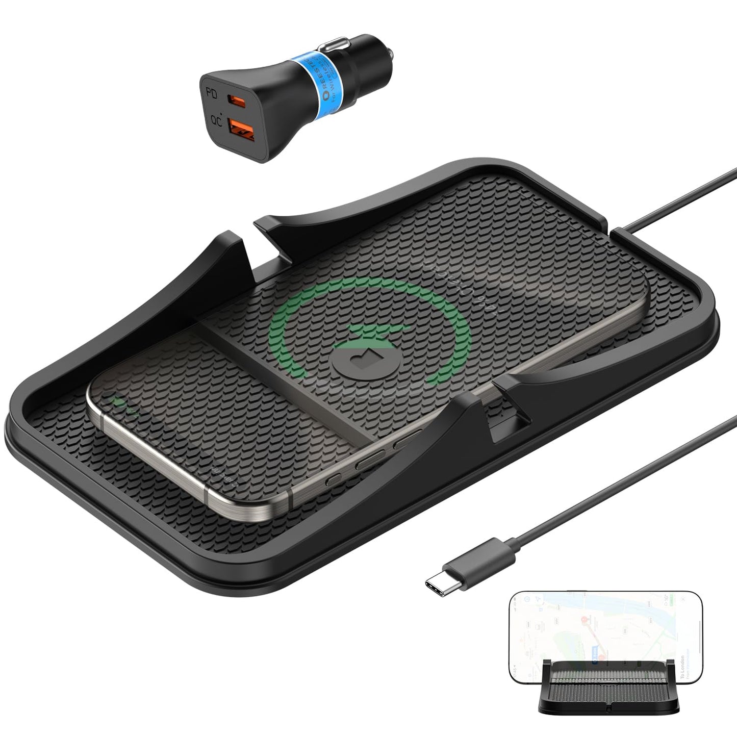 Wireless Car Charger Pad, REESTECQI Large Wireless Charging Pad for Car Non Slip Car Phone Holder with 40W Car Charger Compatible with iPhone 17 16