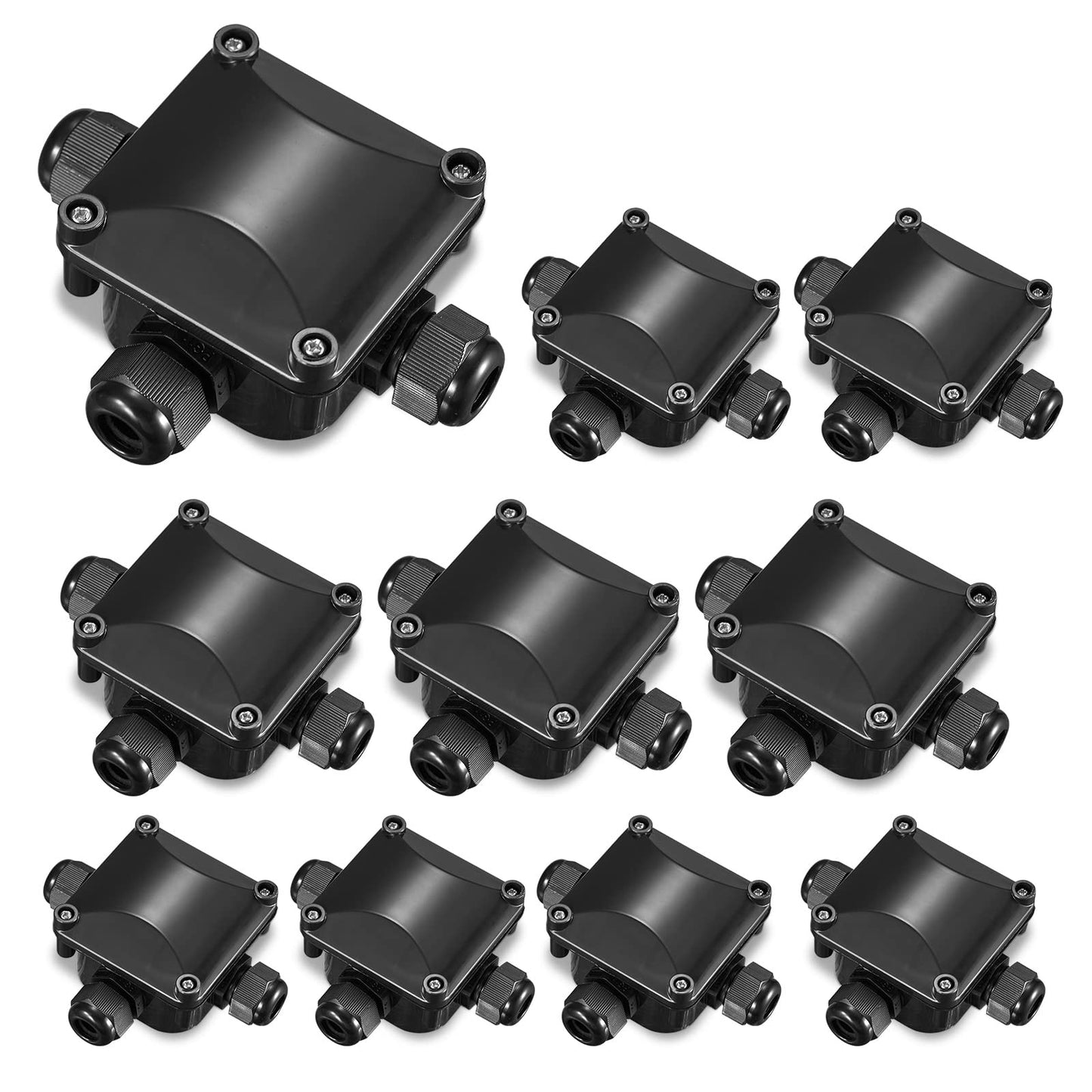 10-Pack Waterproof Junction Boxes, 3-Way Electrical Connector Box for Outdoor/Garden/Landscape Lighting, Black PC Material, Cable Glands for
